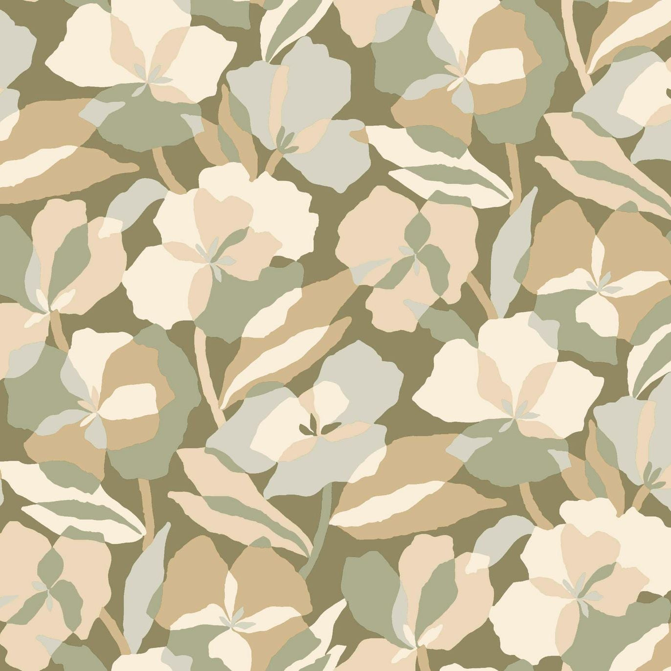 Amaryllis Floral Pattern Wallpaper - Sage/Nacre Light Green with Beige