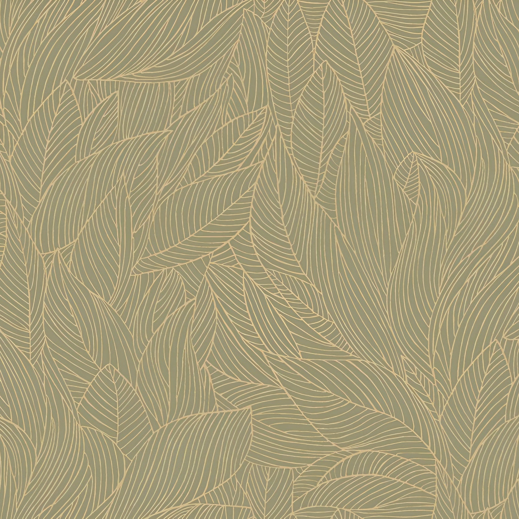 Wallpaper with a plant motif of leaves featuring a metallic effect HOSTA - SAGE/GOLD sage green with gold