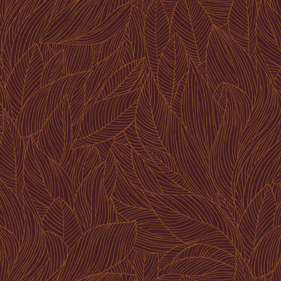 Wallpaper with a plant leaf motif and metallic effect HOSTA - PURPLE/BRONZE in purple with copper