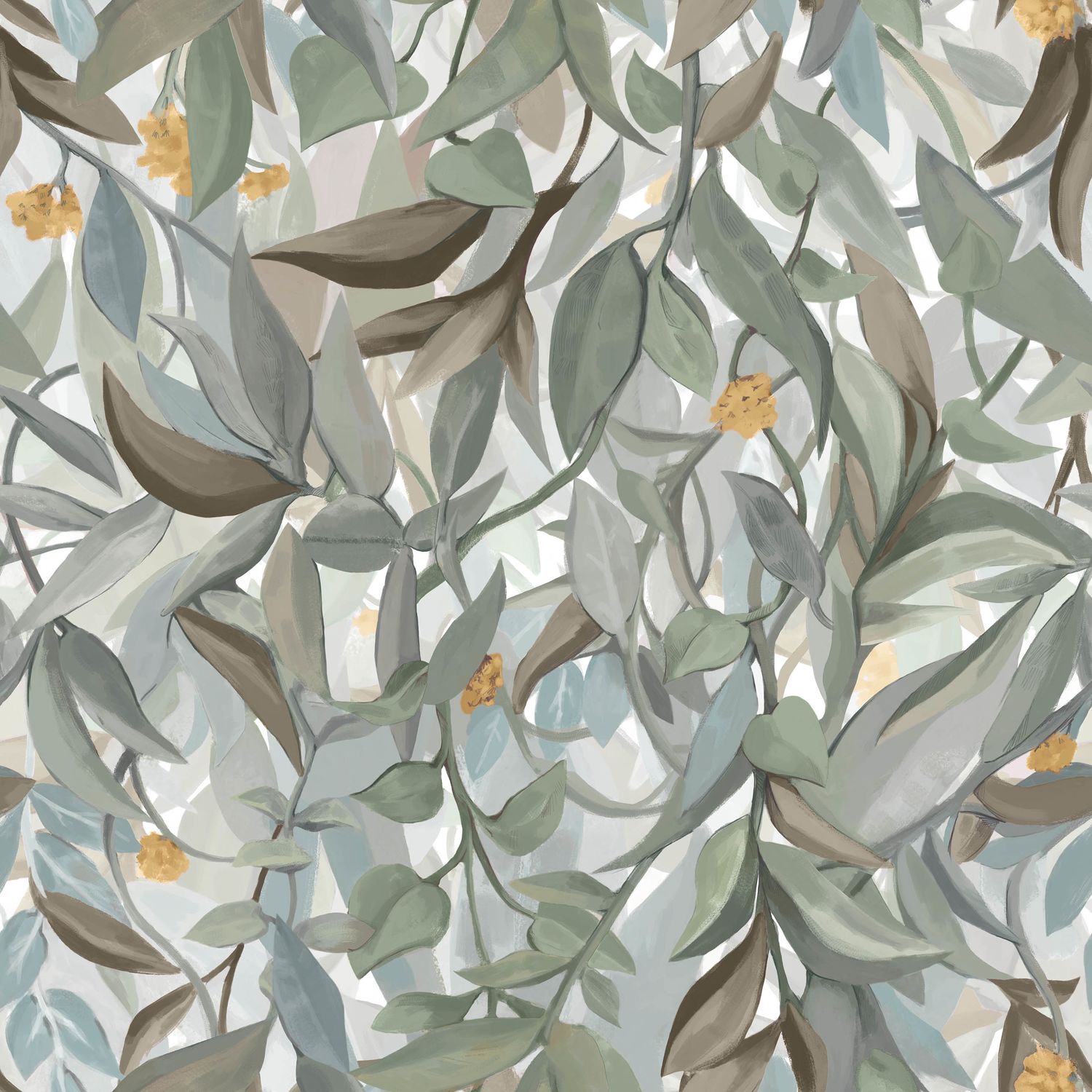 Wallpaper with a plant motif of SOLANDRA leaves - IVORY/CELEDON ivory with celadon