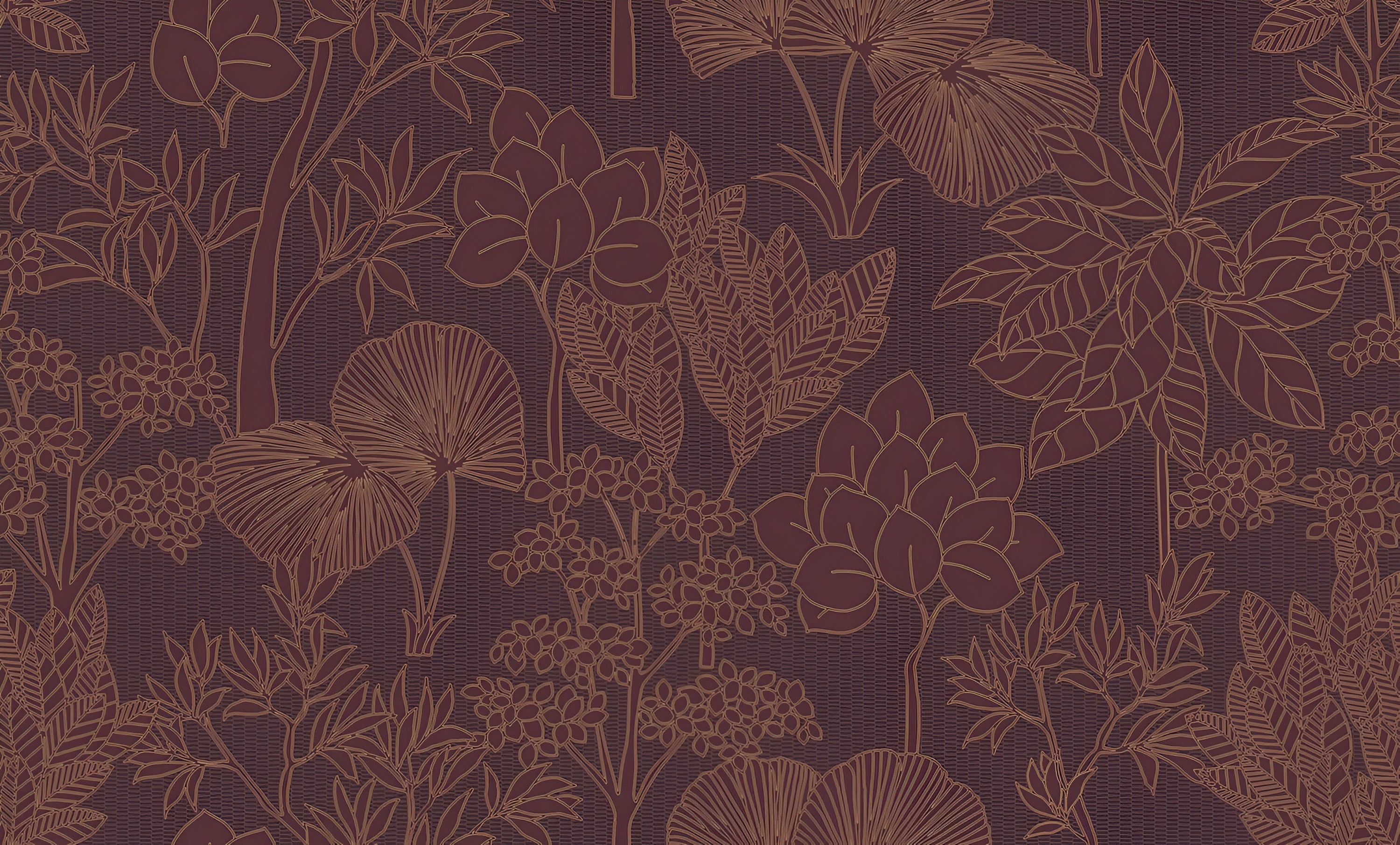 Structural wallpaper with a plant pattern of leaves and flowers INARA - POURPRE brown