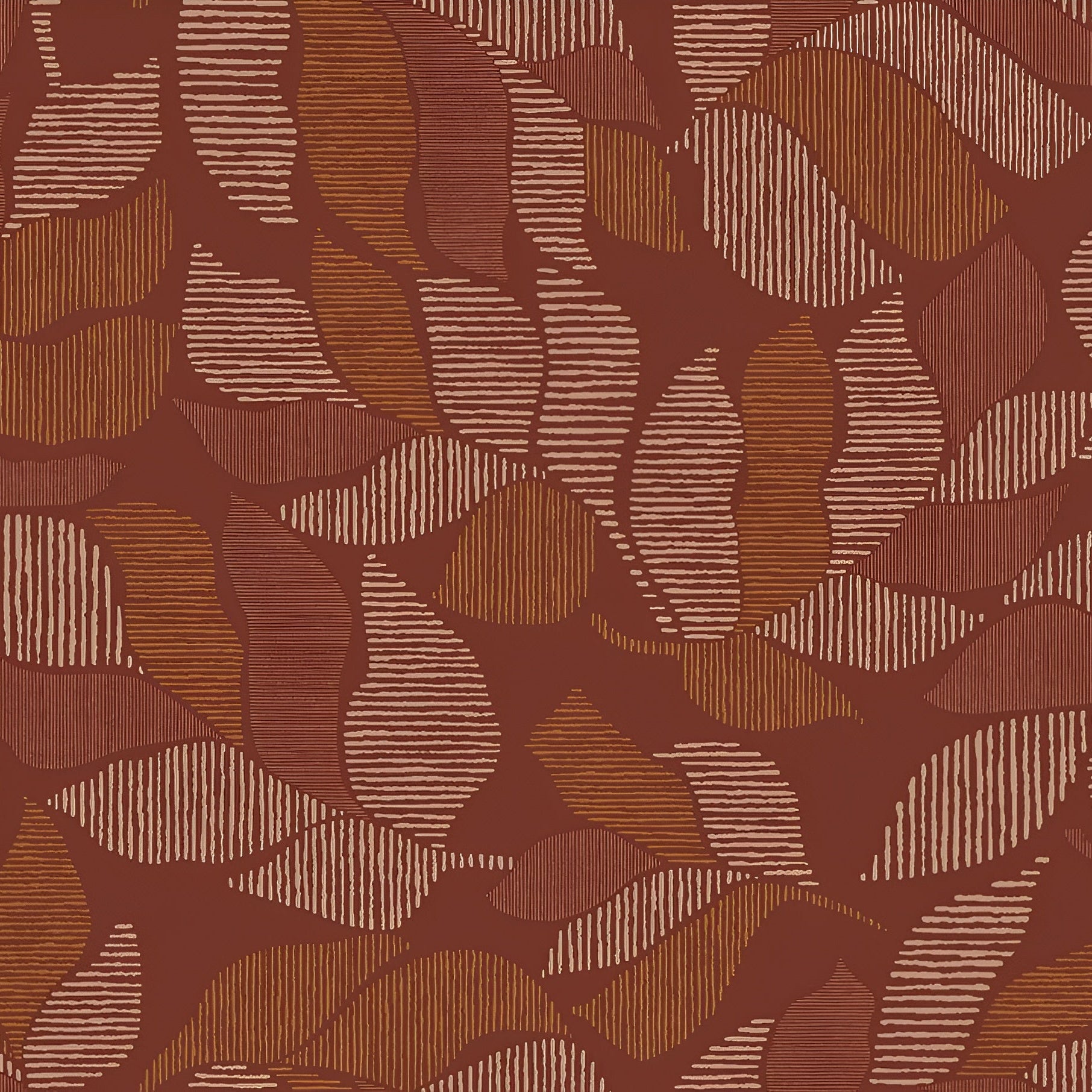 Palm leaf patterned wallpaper with metallic effect LONTARA - TERRACOTTA/CUIVRÉ burgundy with copper