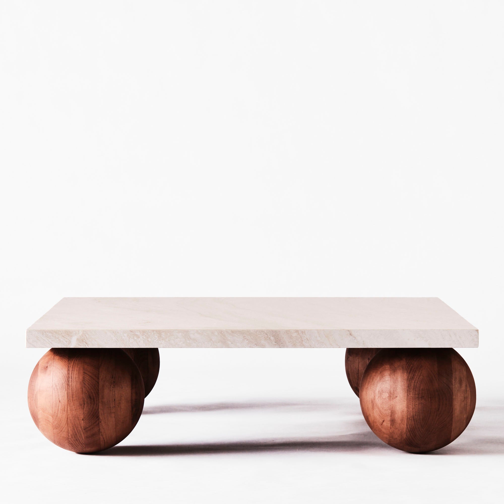 SPHERE coffee table with travertine marble and ash base