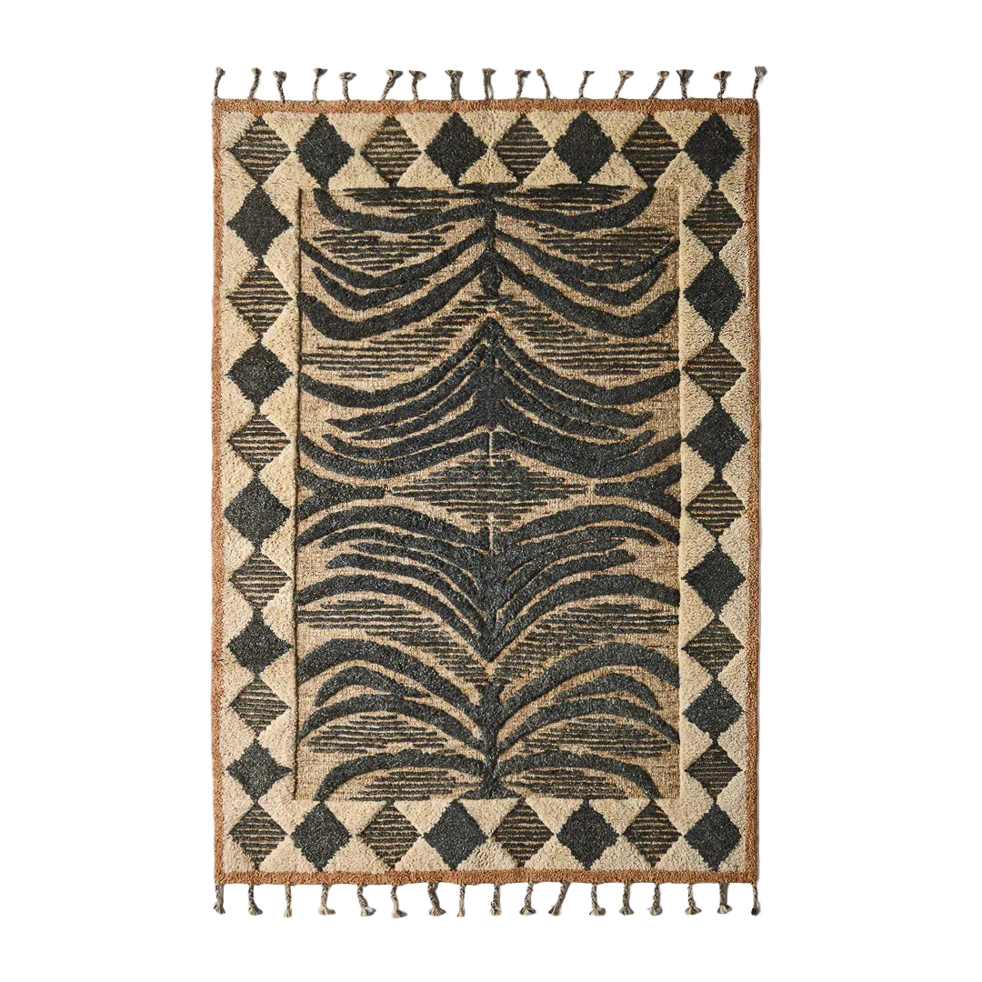 Wollteppich WILDCAT schwarz-beige mit Fransen