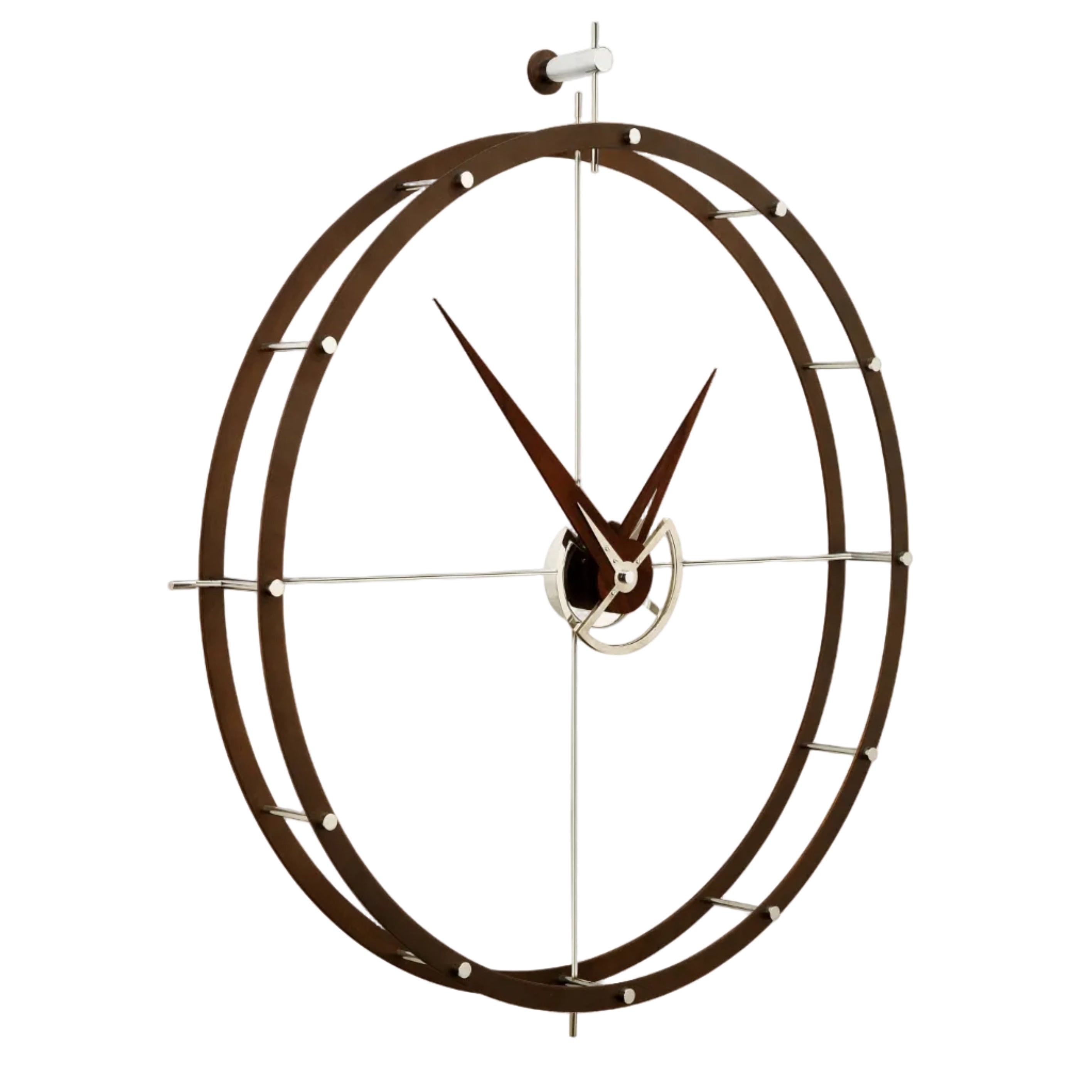 DOUBLE O wall clock in walnut wood with calabo finish and chrome