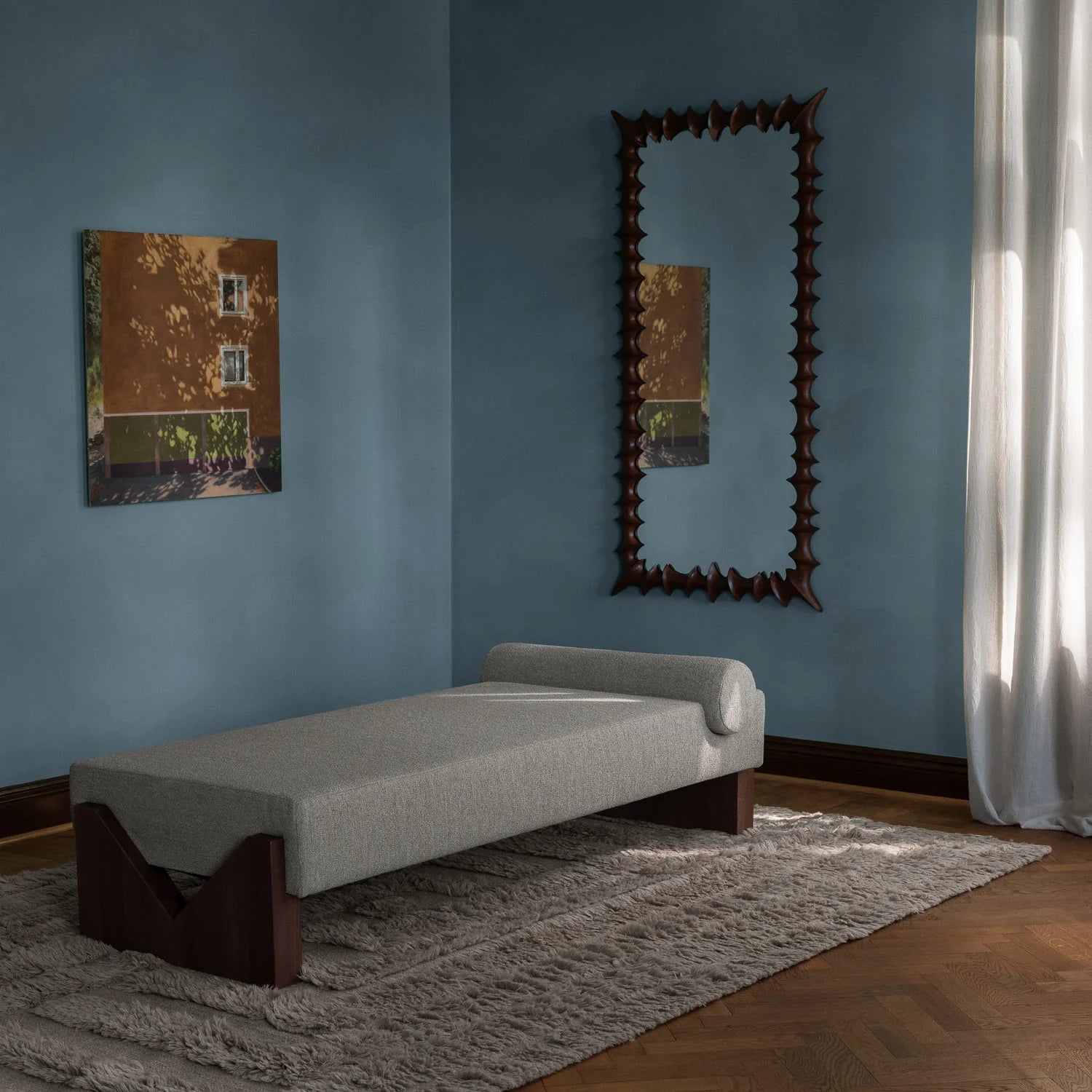 V Daybed in sandy boucle