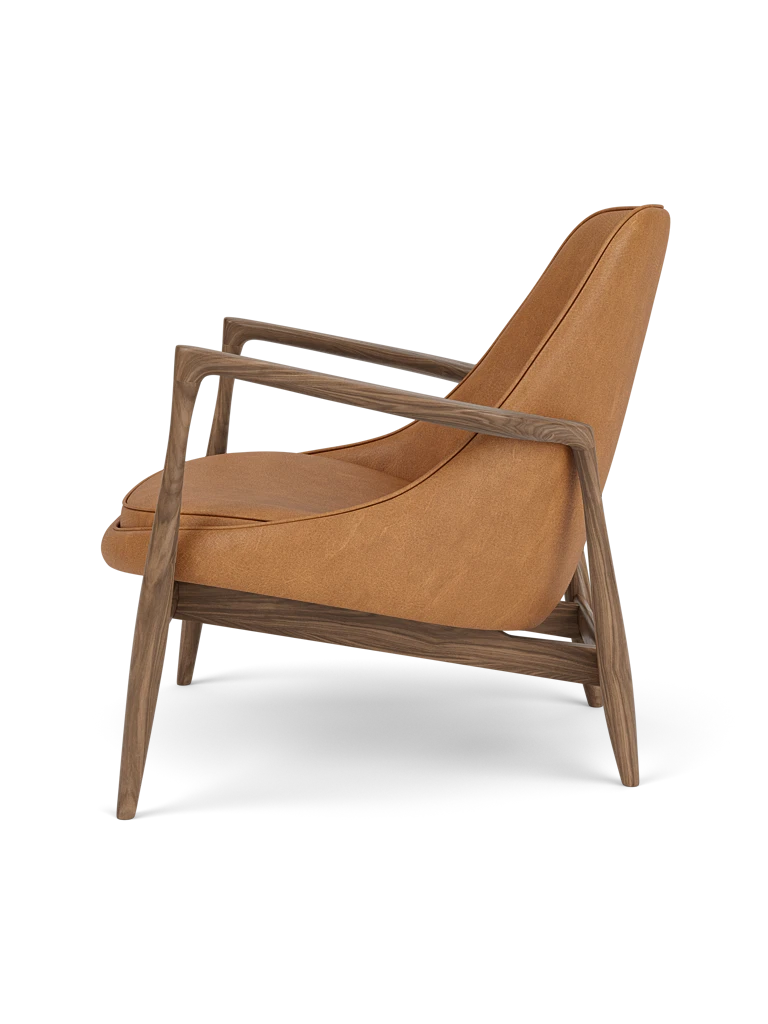 Sessel ELIZABETH aus cognacfarbenem Leder mit Nussbaumfuß