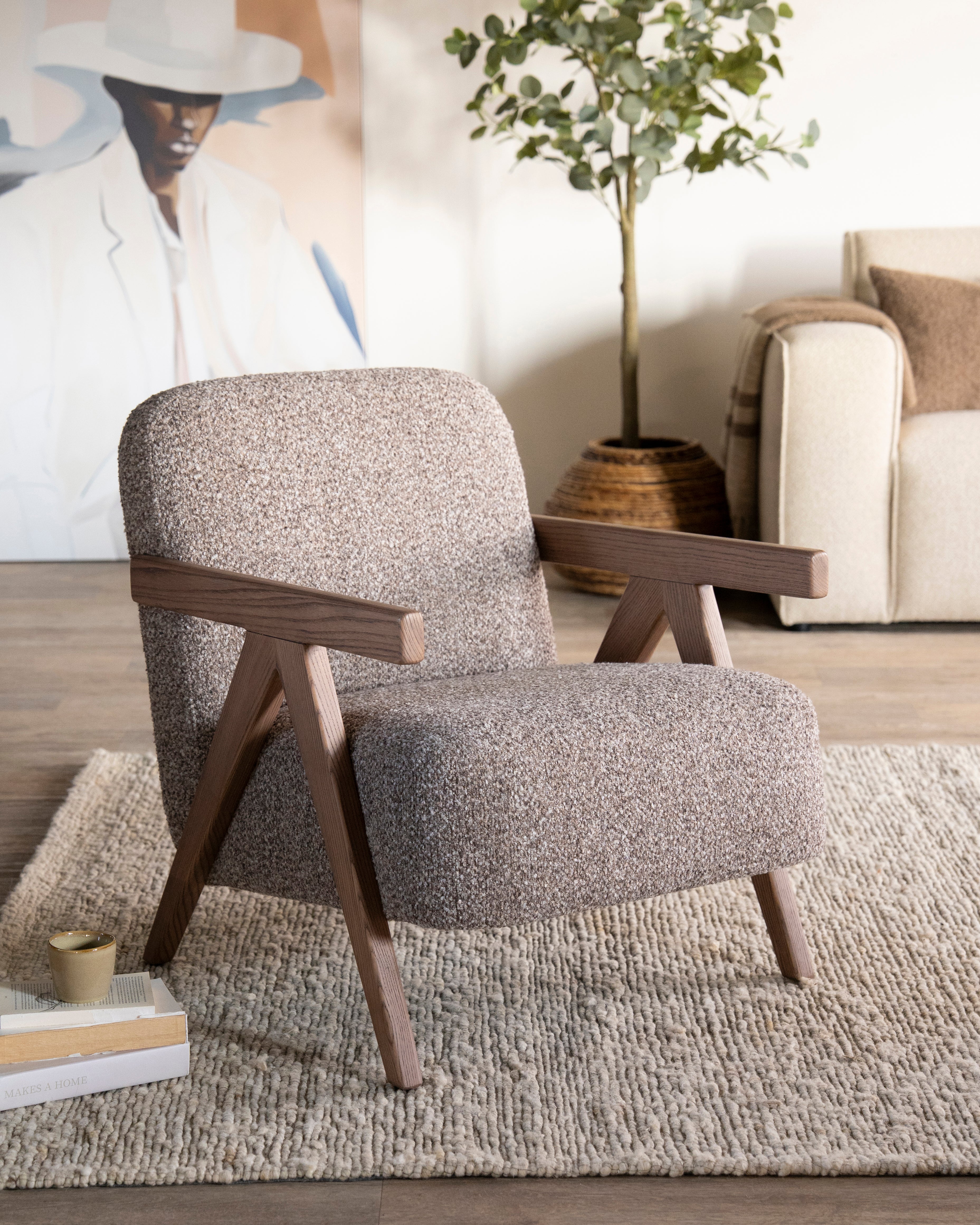 FRANCIS Armchair in Dark Beige with Wooden Base