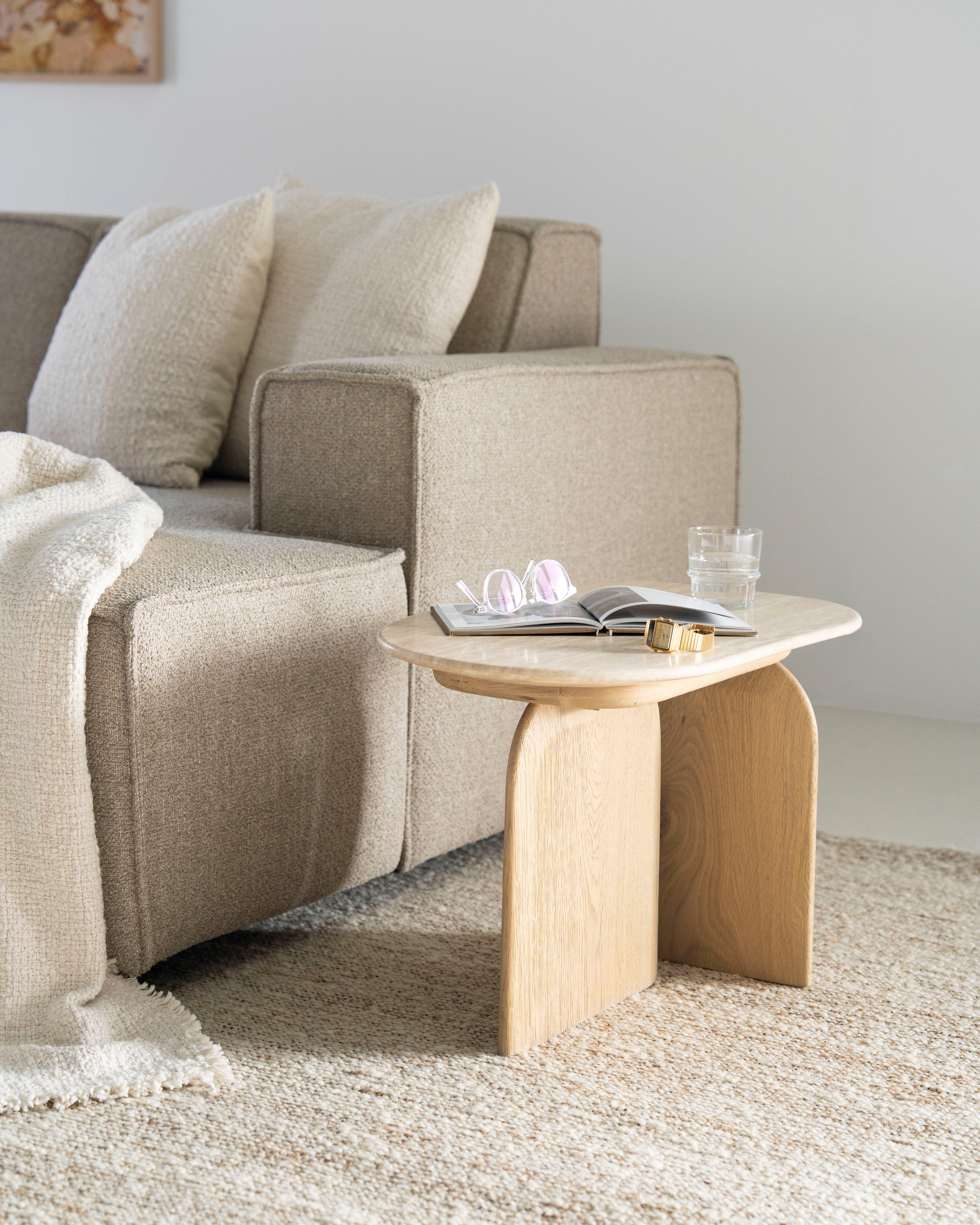 LOVA side table in travertine with an oak base