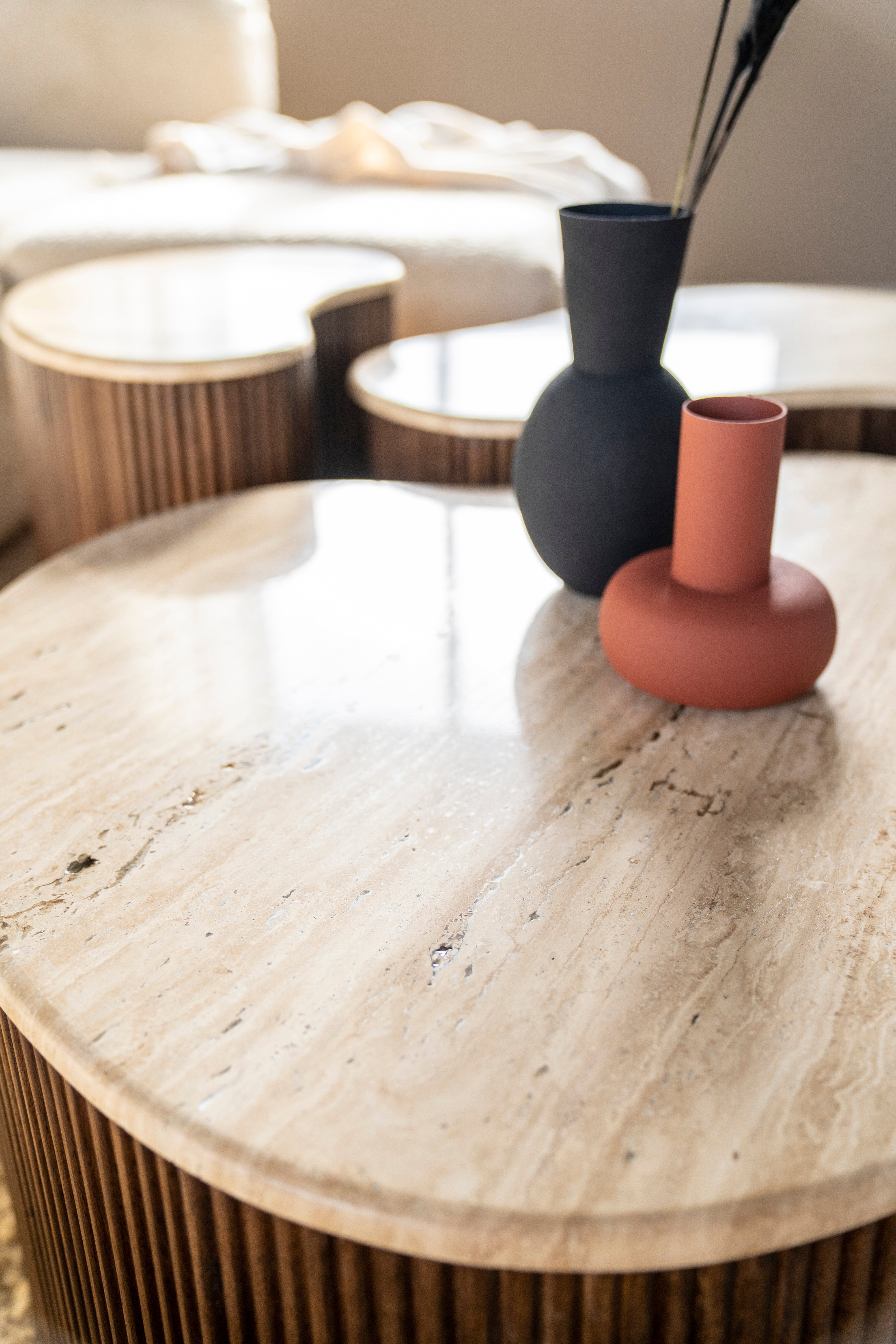 MARI side table made of mango wood with a travertine top