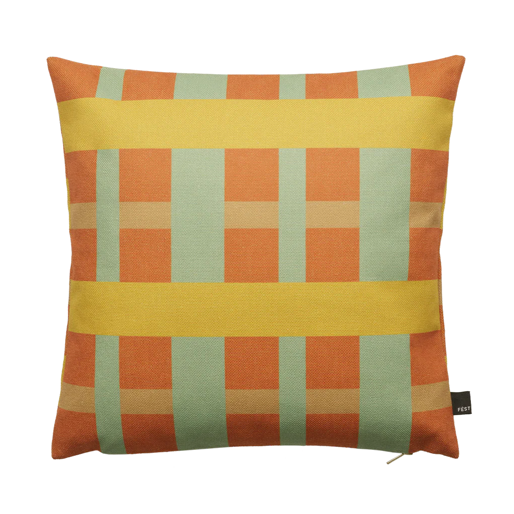STRIPES AND CHECKS Pillow in Orange with Green