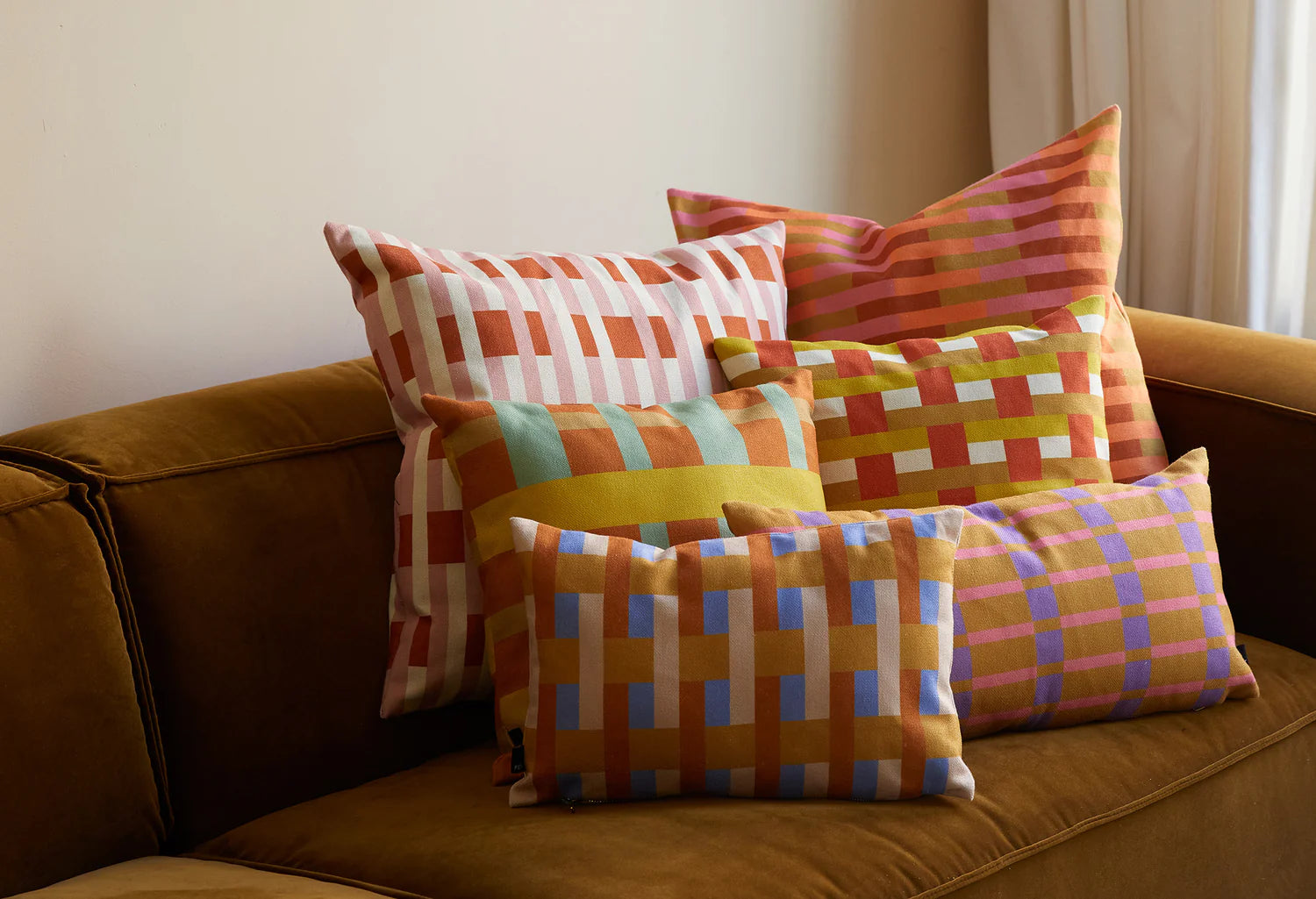 STRIPES AND CHECKS Pillow in Orange with Green