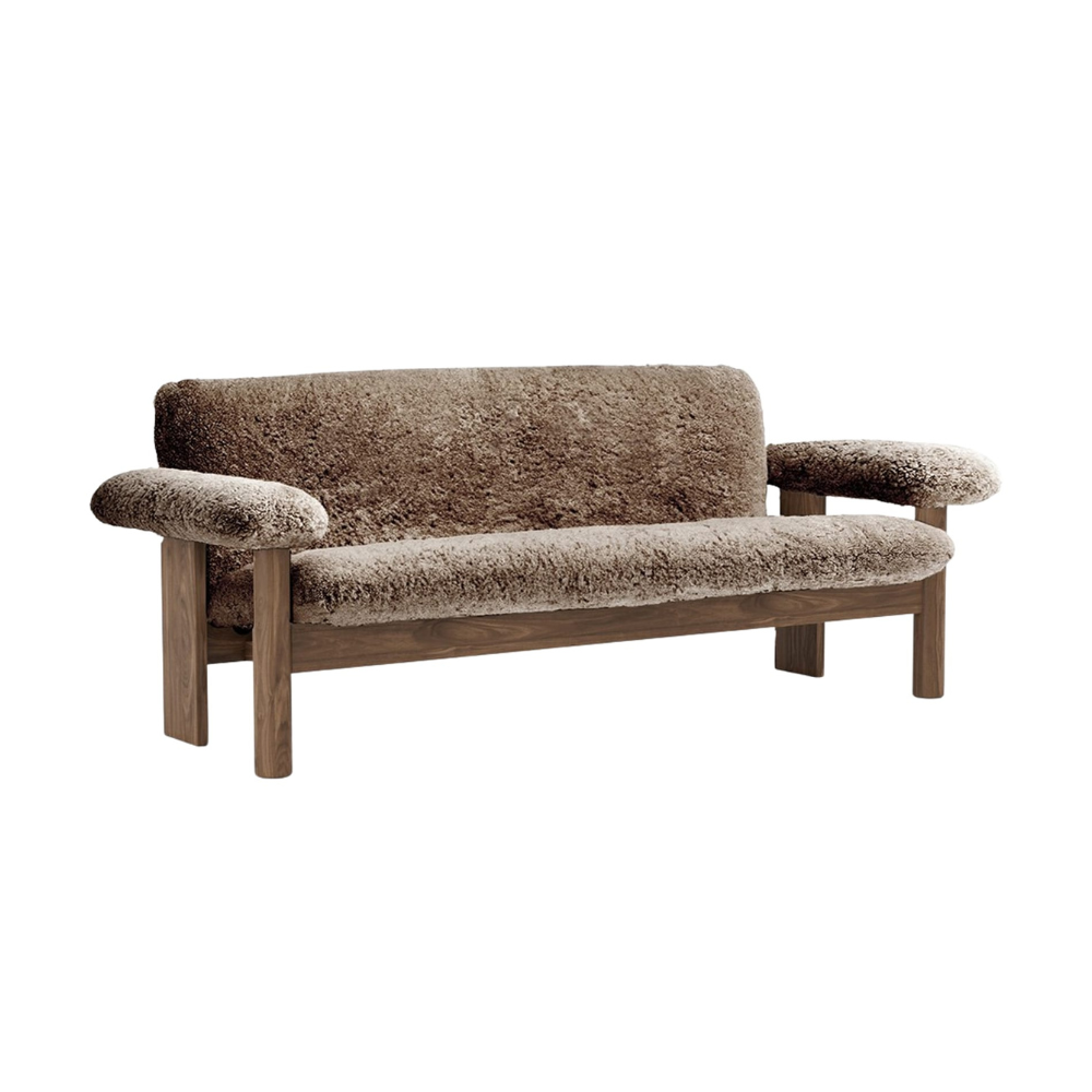 Sofa BRASILIA braunes Schafsleder mit Nussbaumfuß