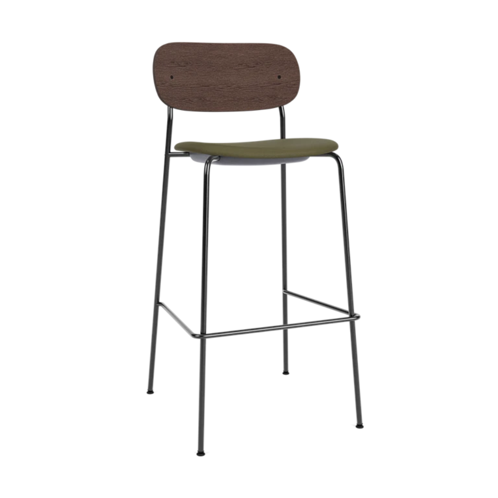 Dark oak veneer stool with upholstered green seat