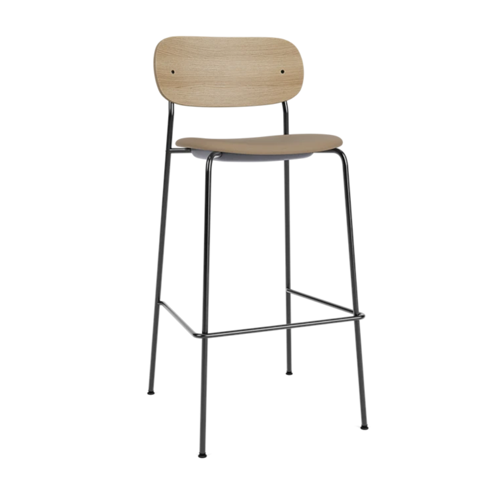 Oak bar stool with upholstered beige seat