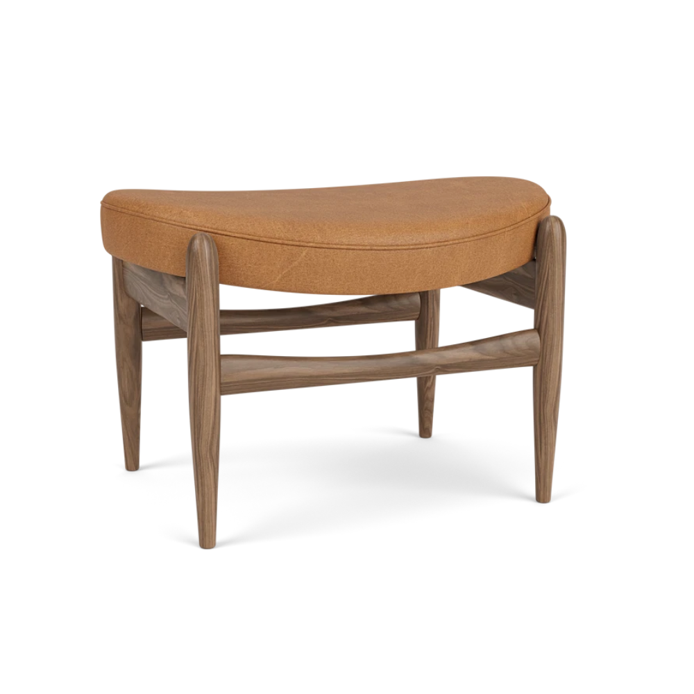 ELIZABETH footrest in cognac leather with a walnut base