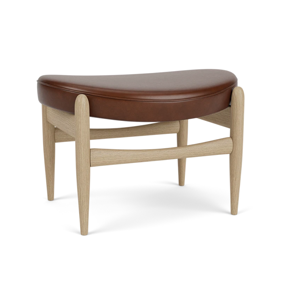 Fußhocker ELIZABETH braunes Leder mit Eichenbasis