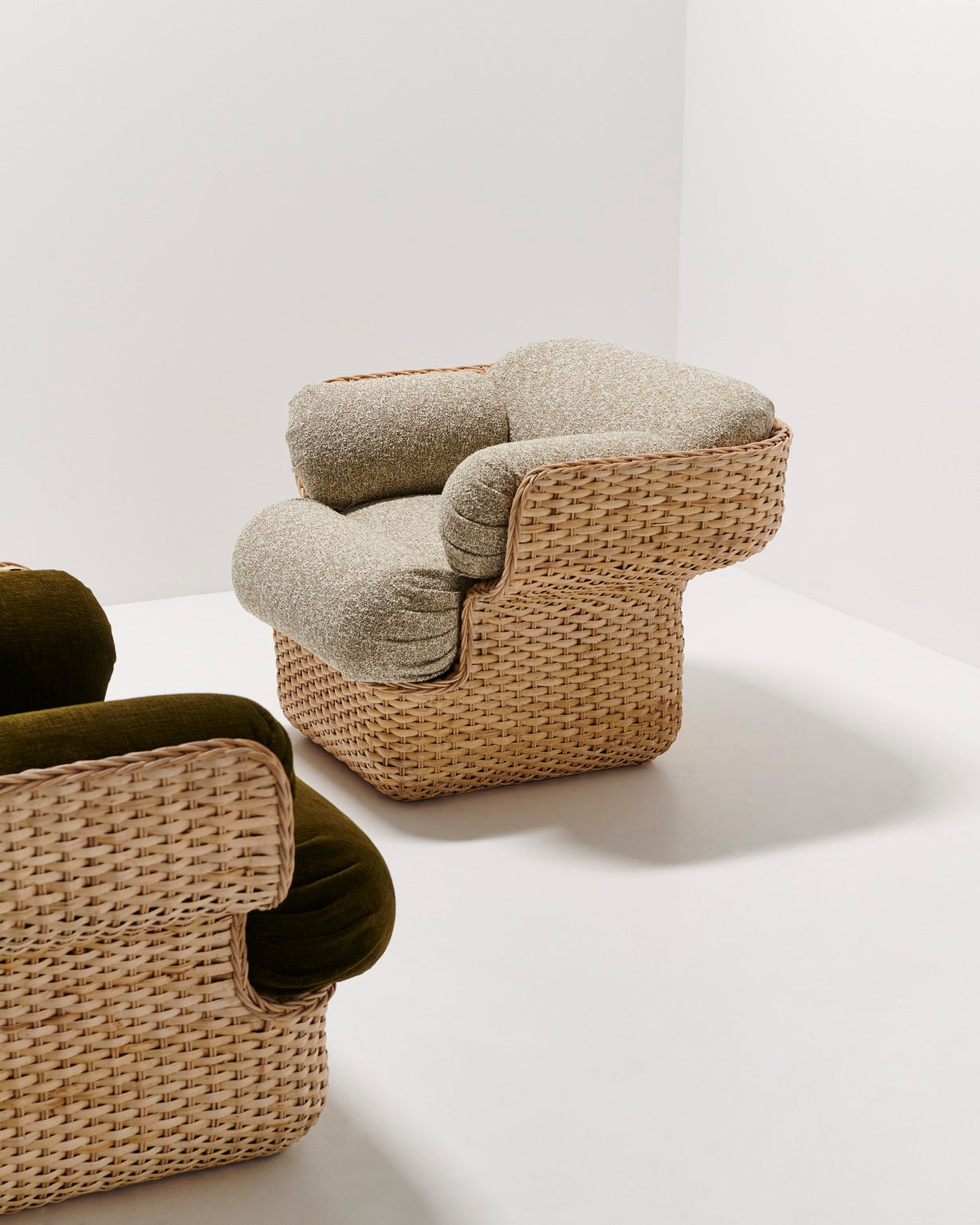 BASKET armchair in green with rattan