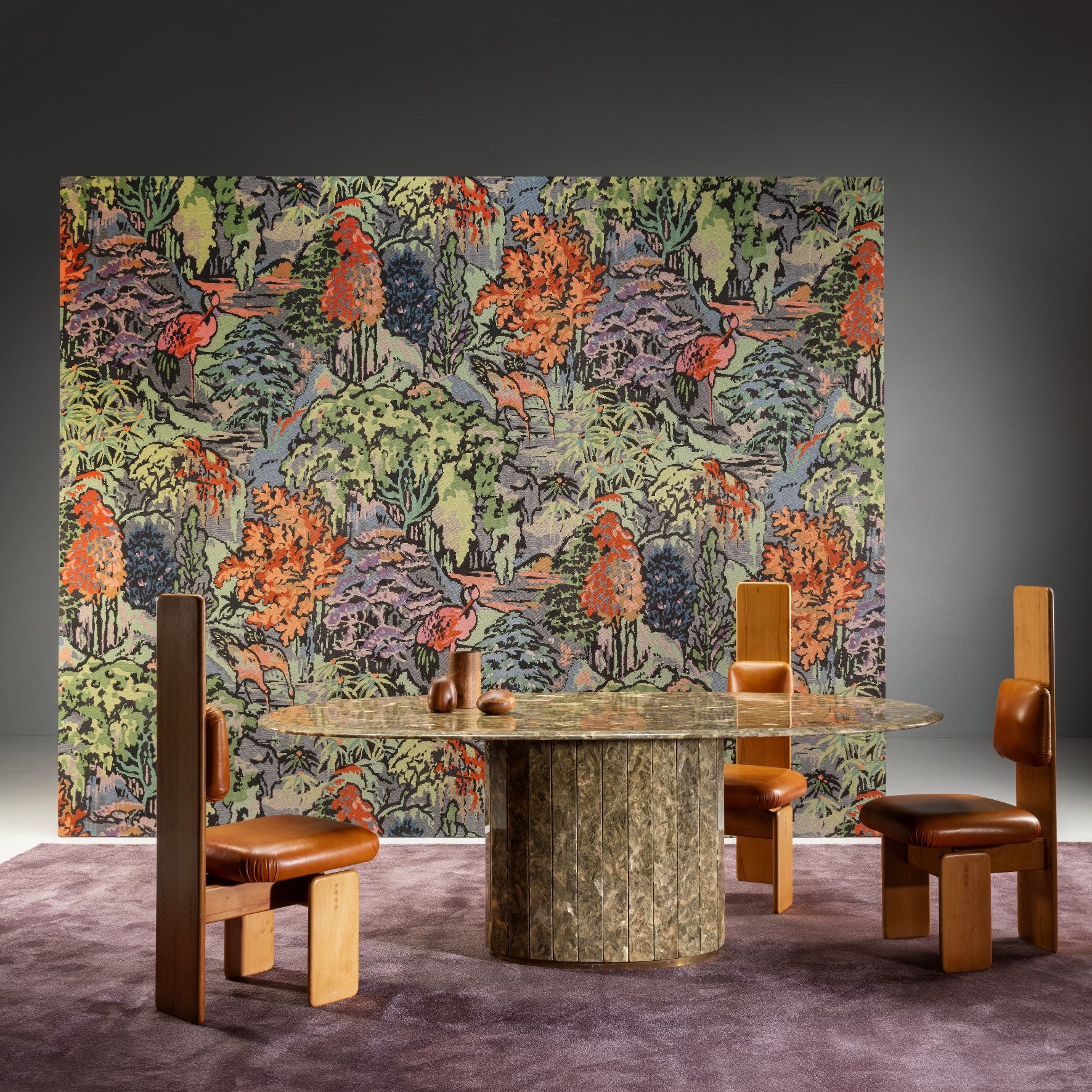 Textile wallpaper with a plant and animal motif RIVERBANK green with orange