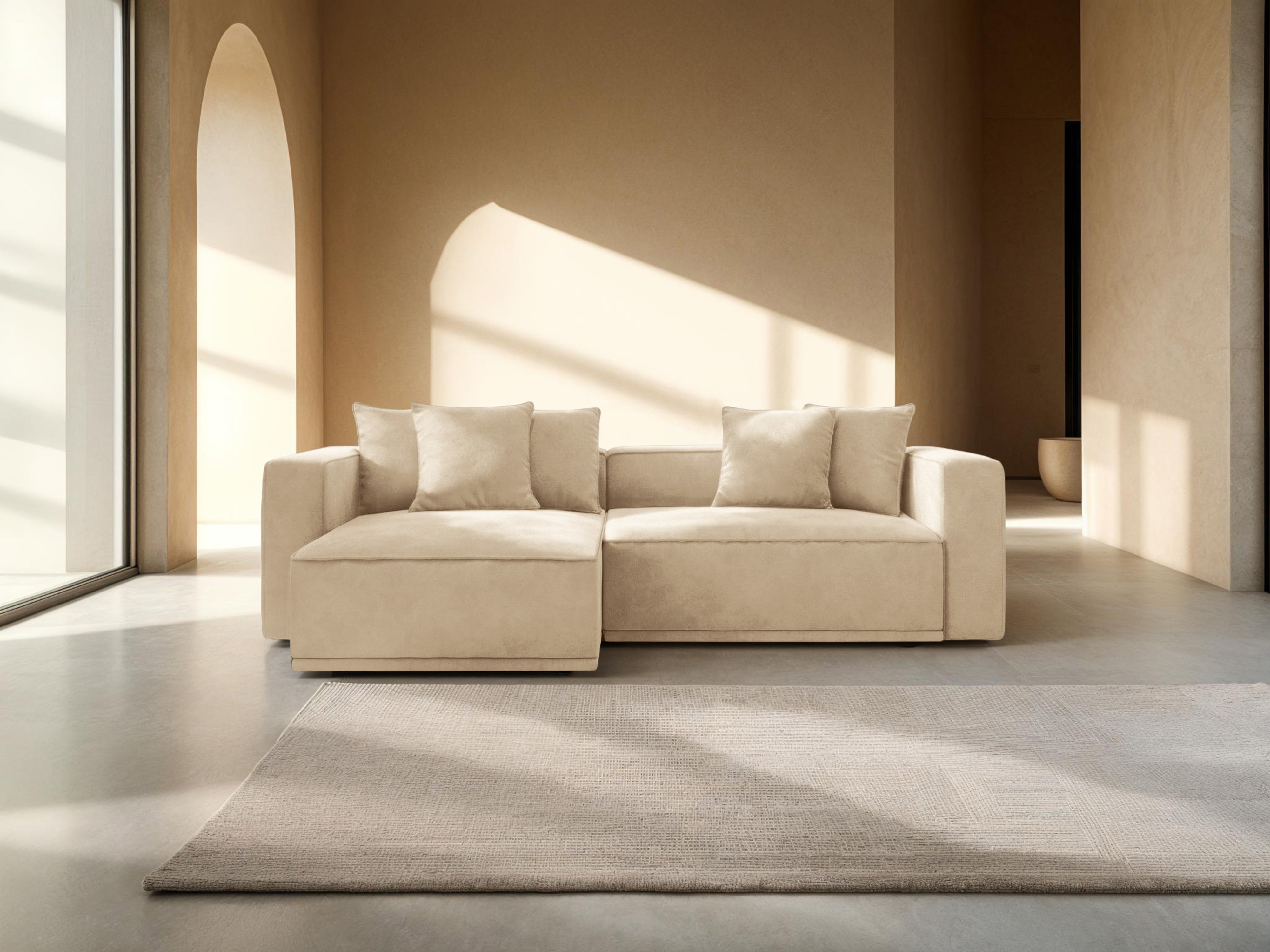 Left-facing velvet corner sofa with sleeping function RIBES light beige