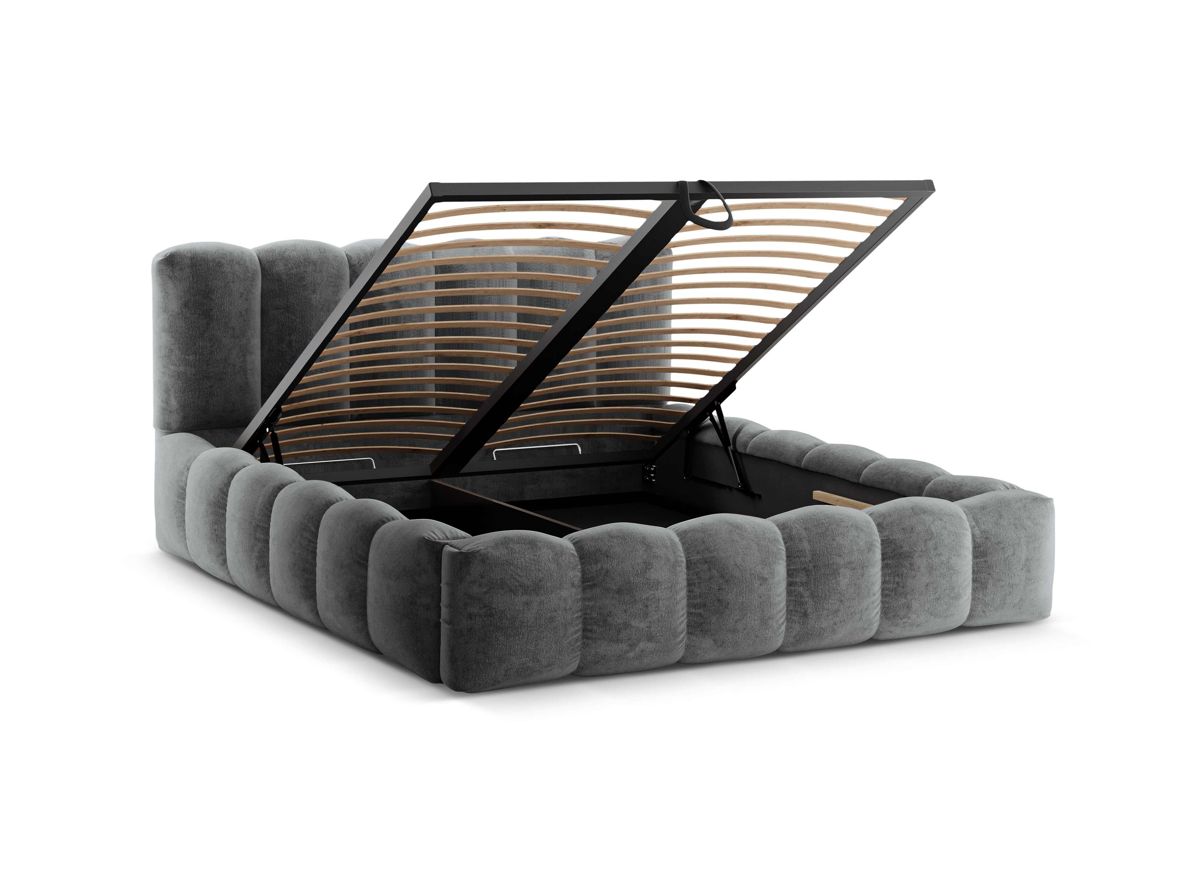 Bett mit Bettkasten LUPINE in platinfarbenem schimmerndem Chenille