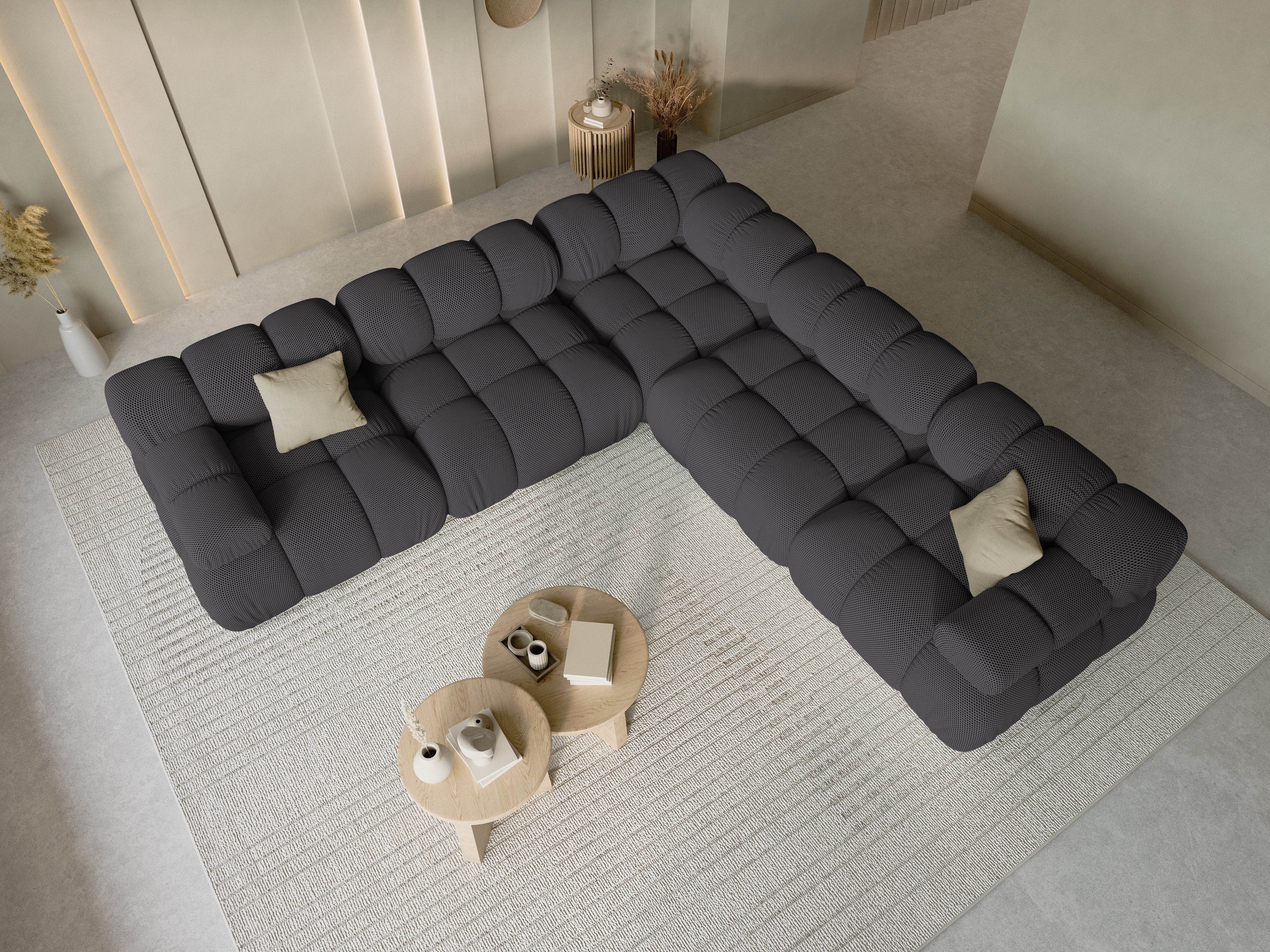 Symmetrische Eckcouch BELLIS in dunkelgrauem 3D-Stoff
