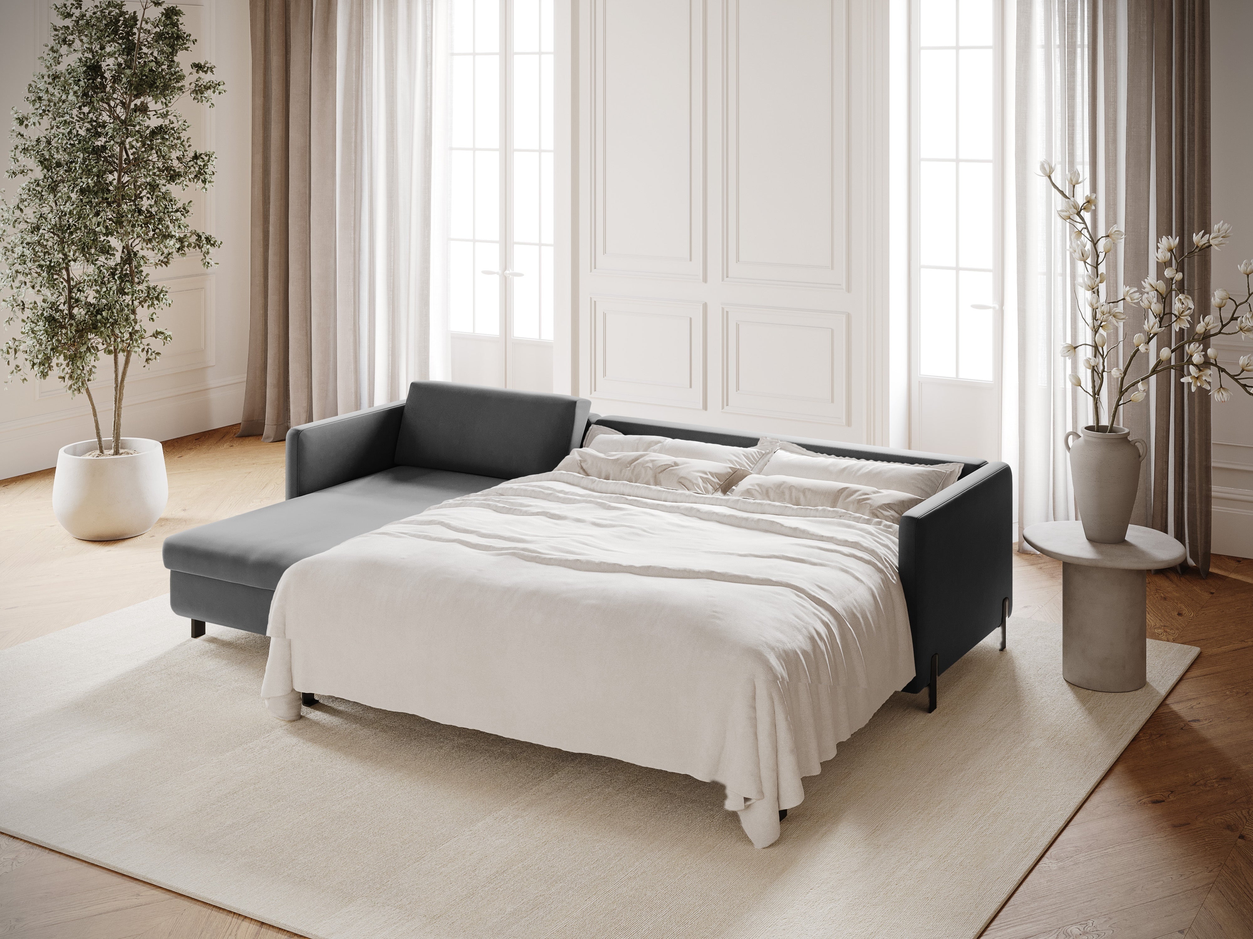 Left-facing velvet corner sofa with sleeping function GLORIA gray