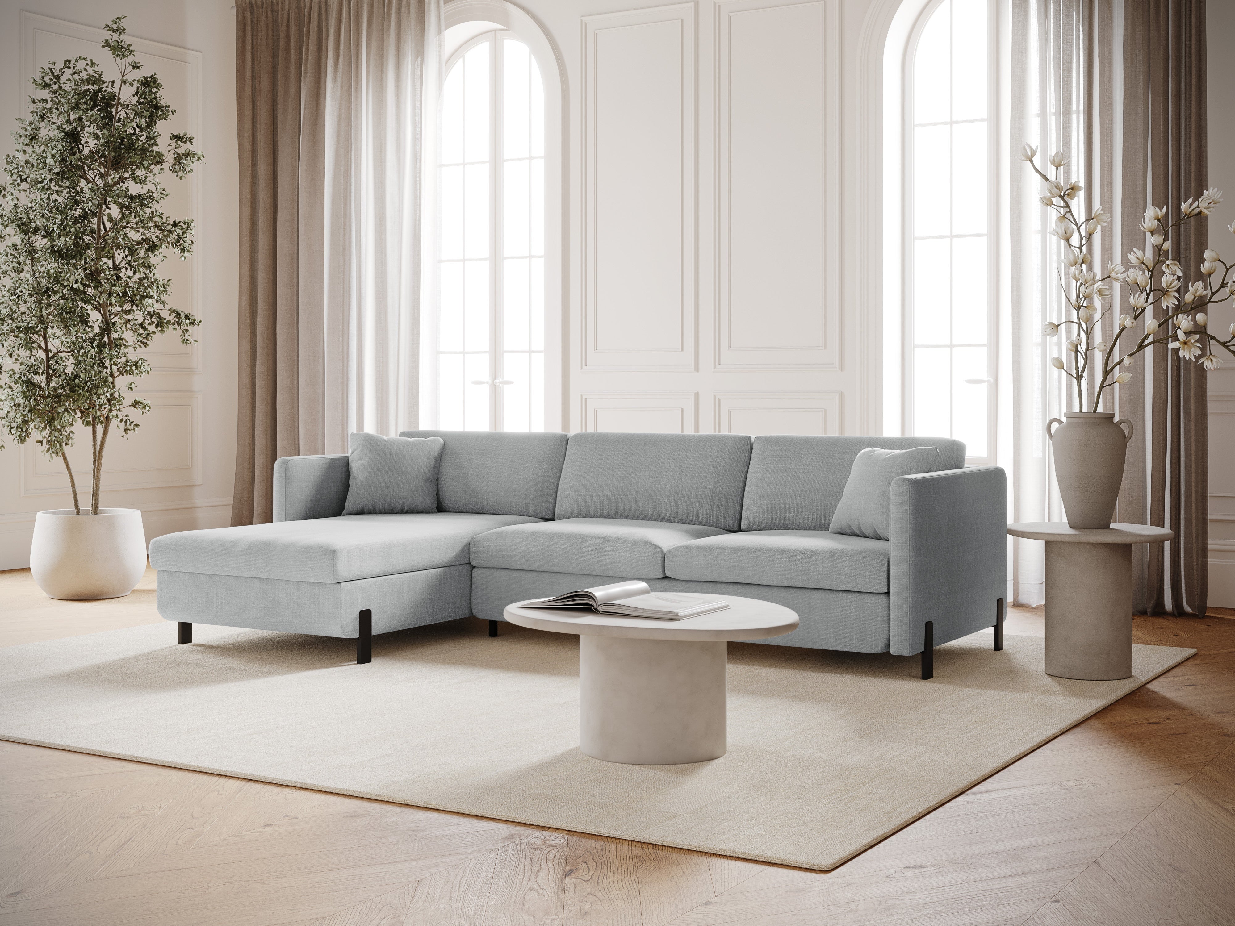 Linksseitiges 4-Sitzer Schlafsofa GLORIA in hellgrauem Chenille