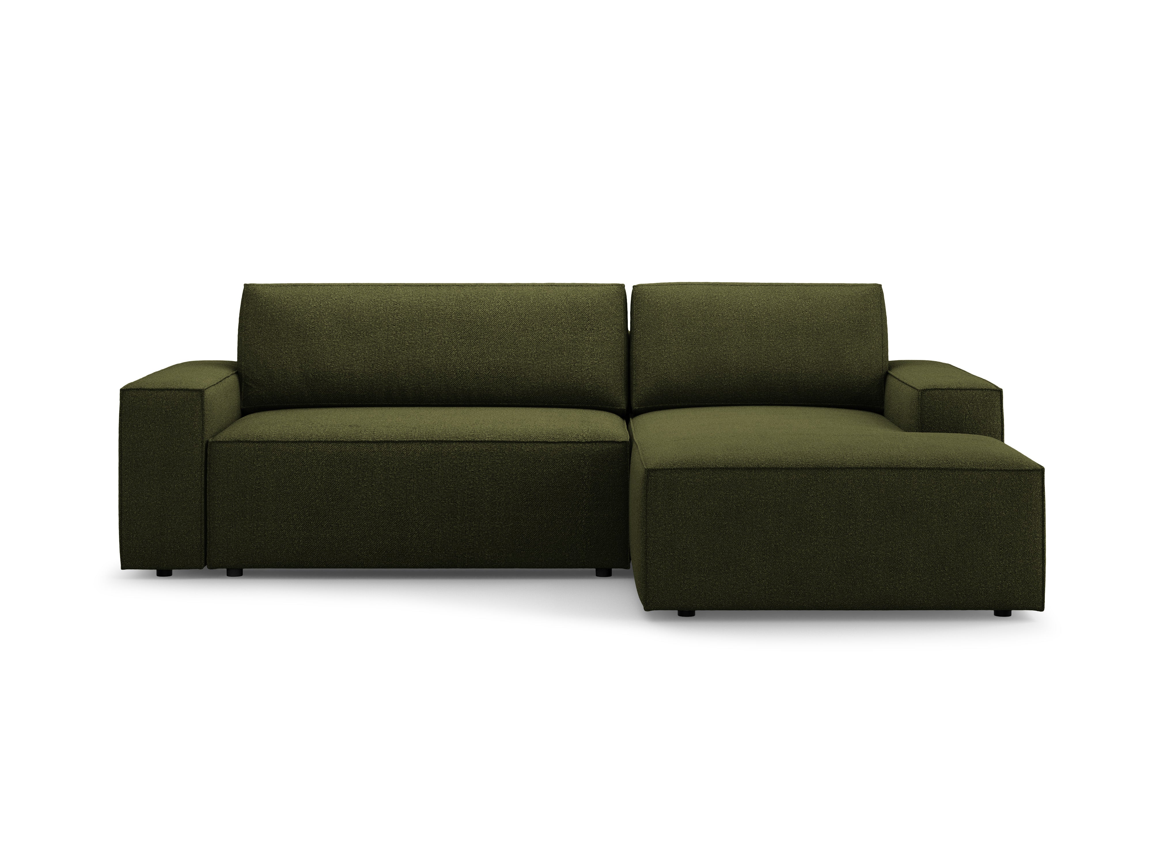 Rechtsseitige Schlafcouch JODIE in dunklem olivgrün Boucle