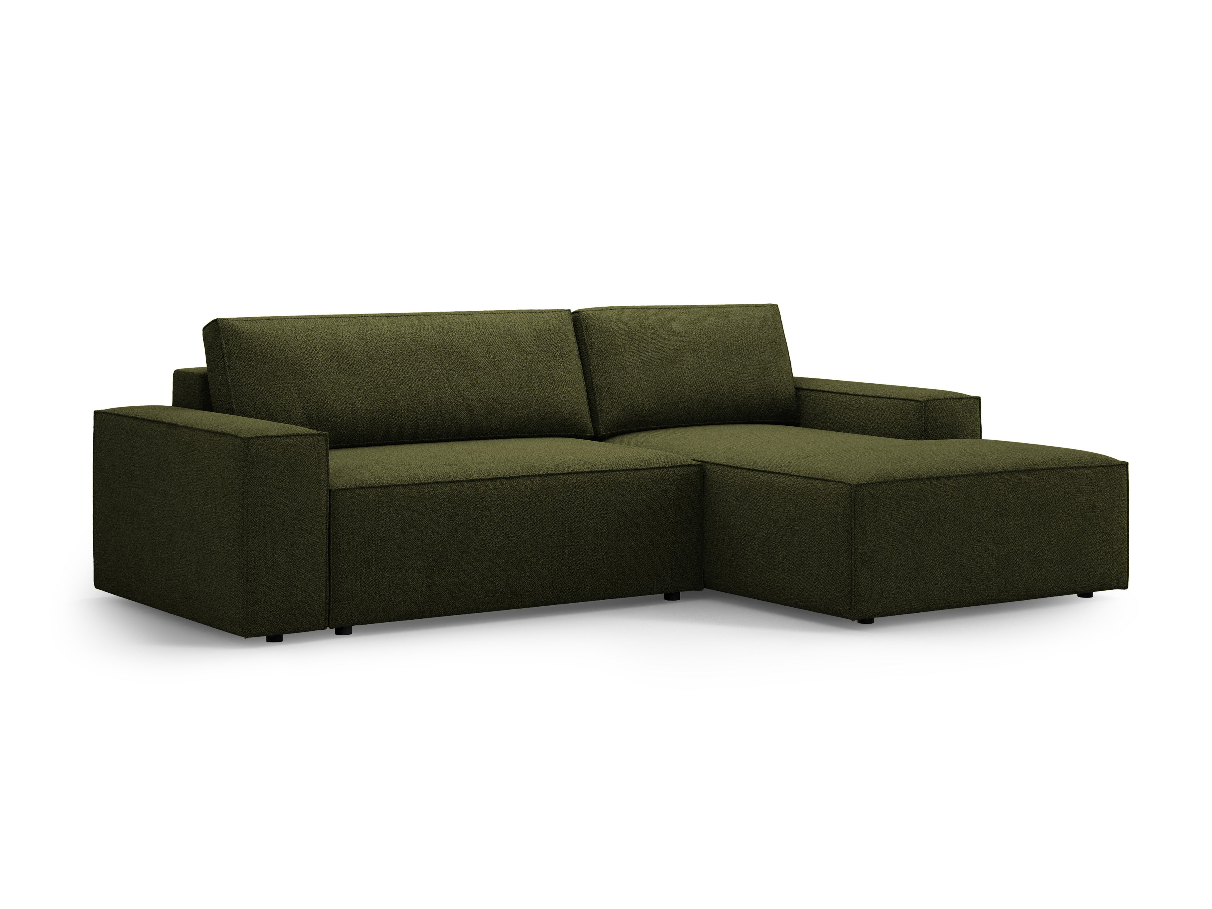 Rechtsseitige Schlafcouch JODIE in dunklem olivgrün Boucle