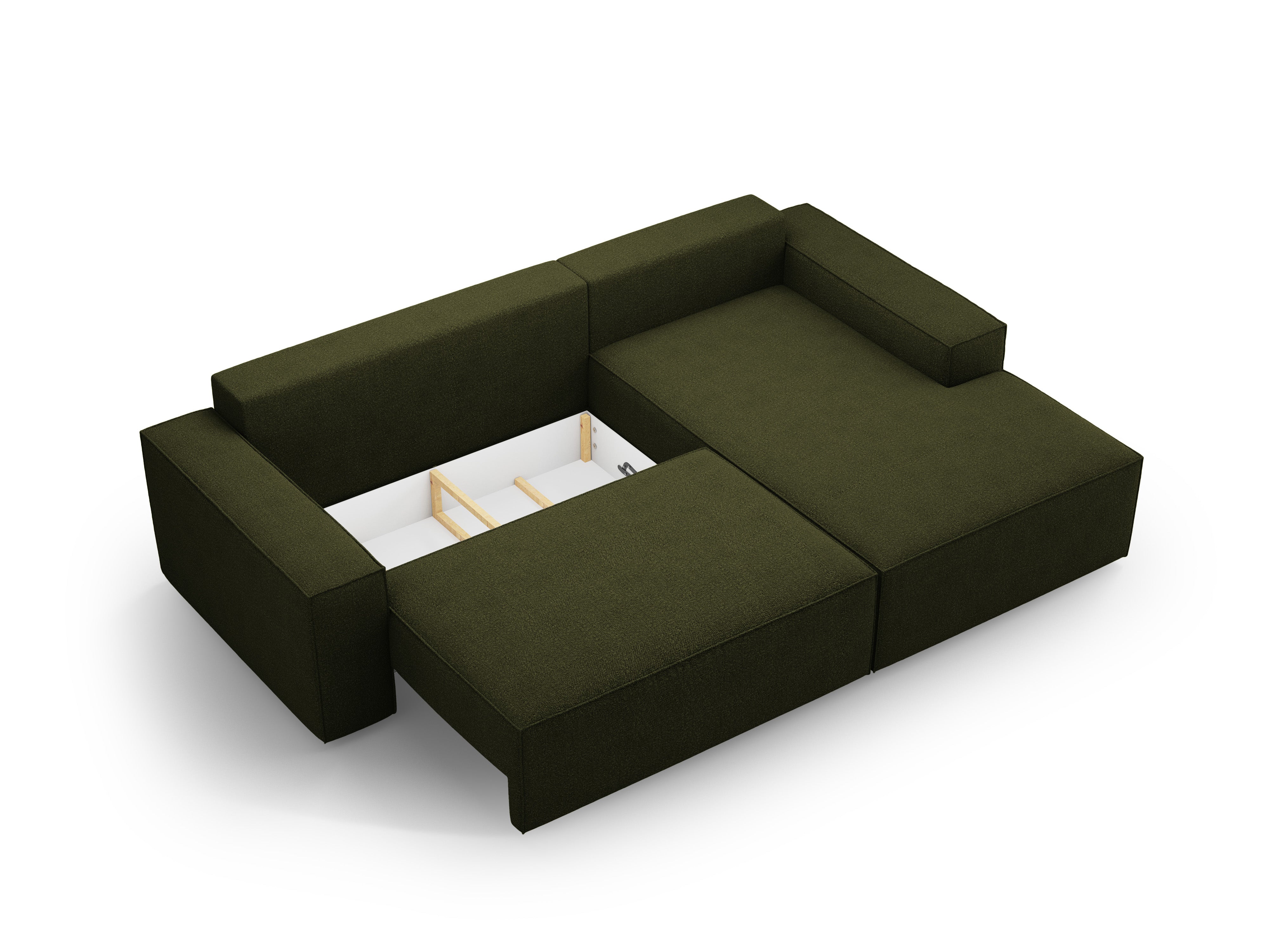 Rechtsseitige Schlafcouch JODIE in dunklem olivgrün Boucle