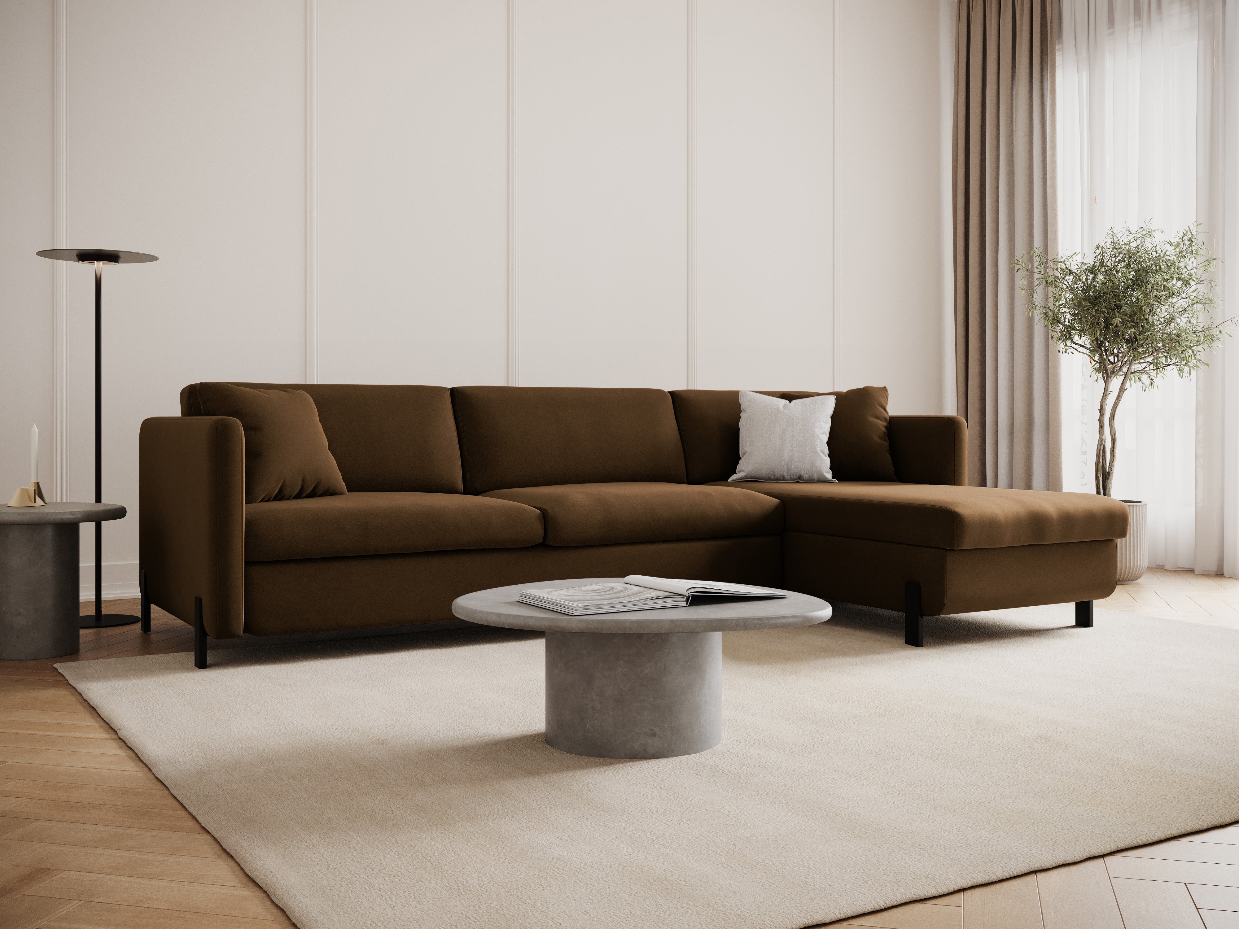 Right-facing velvet corner sofa with sleeping function GLORIA chocolate