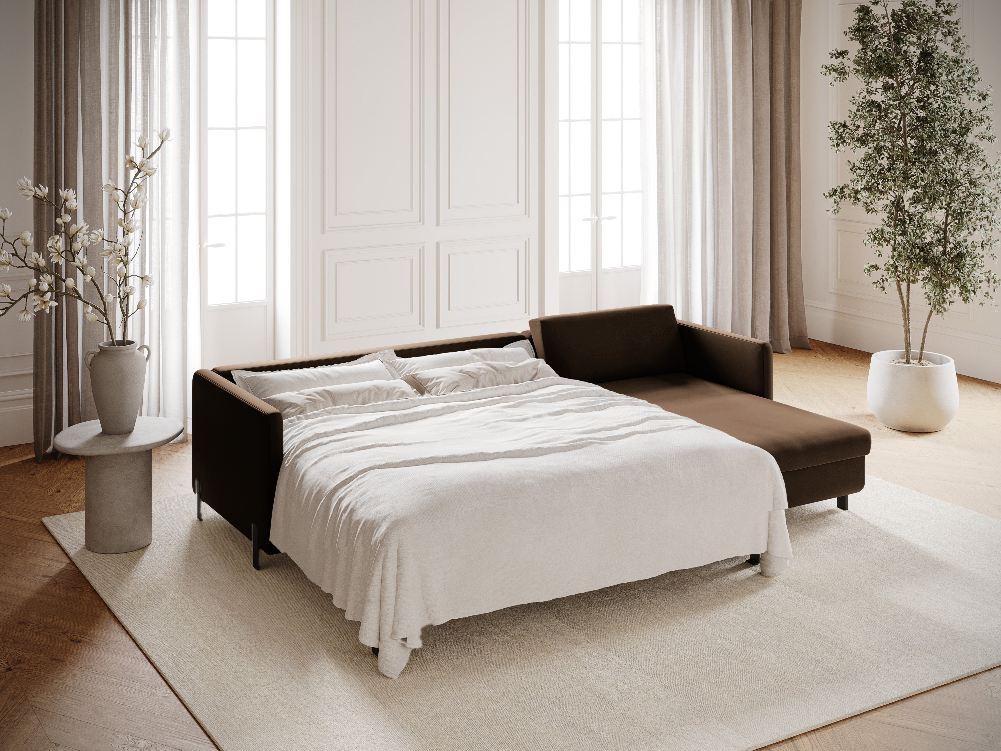 Right-facing velvet corner sofa with sleeping function GLORIA chocolate