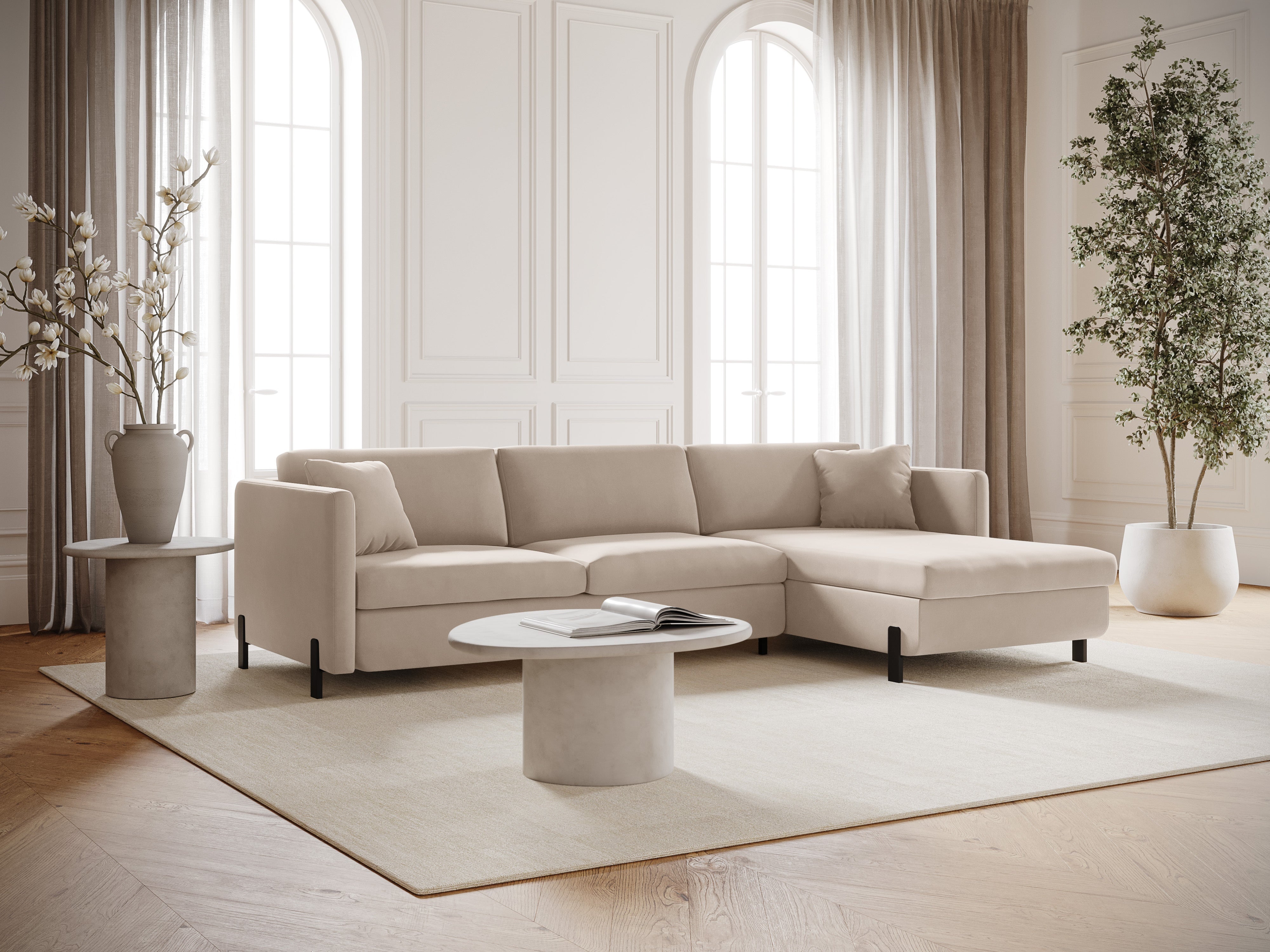 Right-facing velvet corner sofa for 4 people with sleeping function GLORIA beige