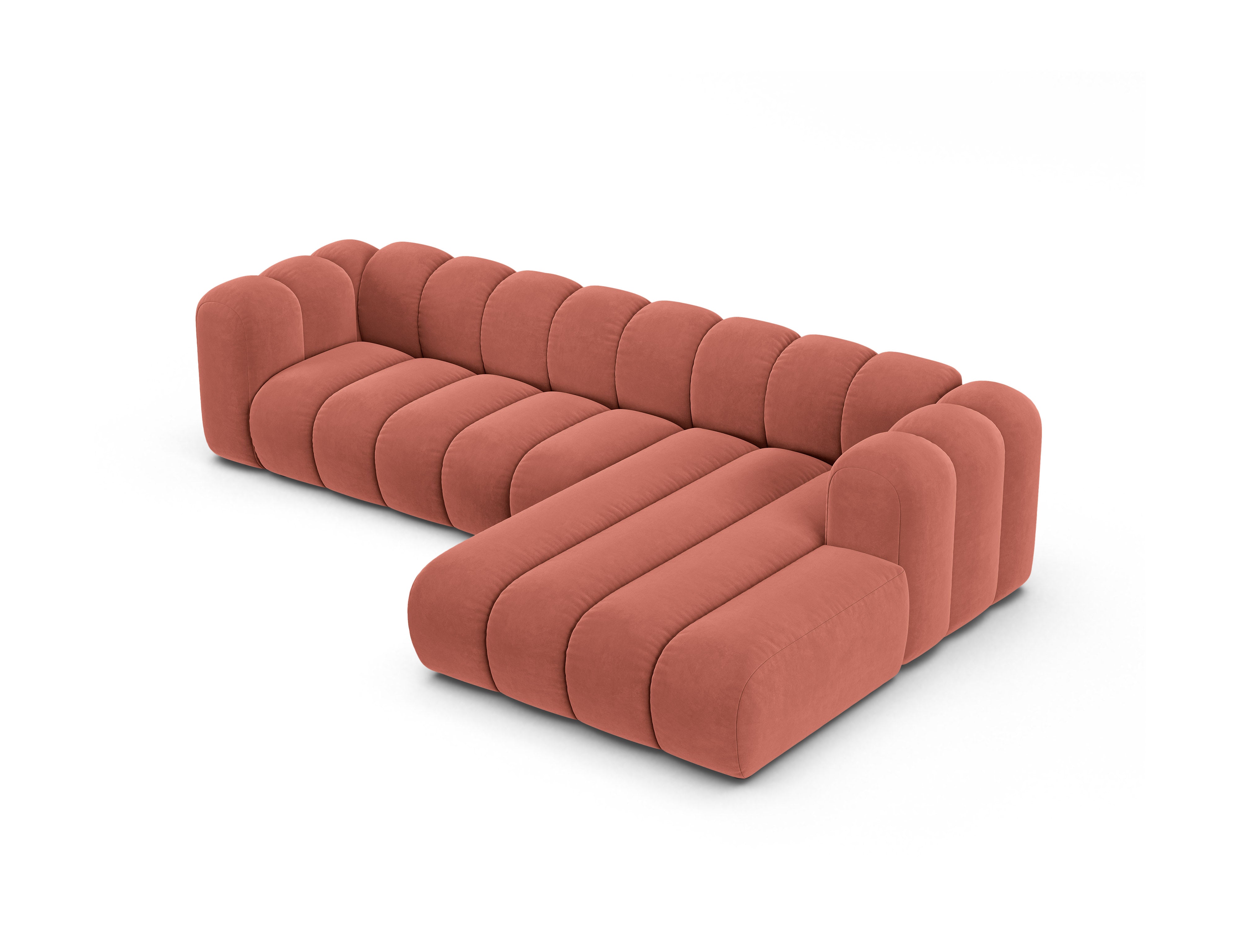 Narożnik aksamitny 4-osobowy prawostronny LUPINE koralowy – sofa narożna