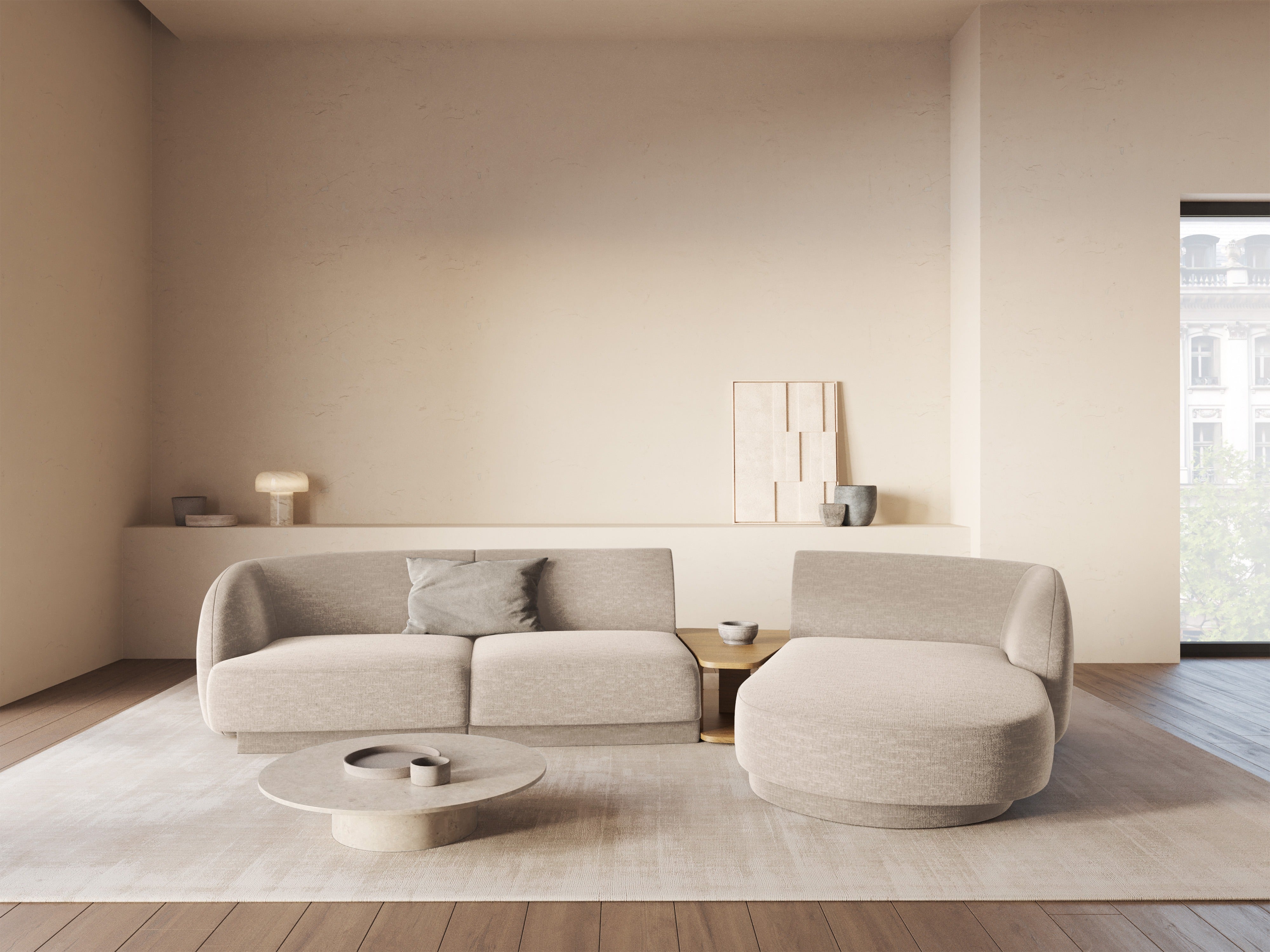 Modular corner sofa with table 3-seater right-sided MILEY beige silky chenille