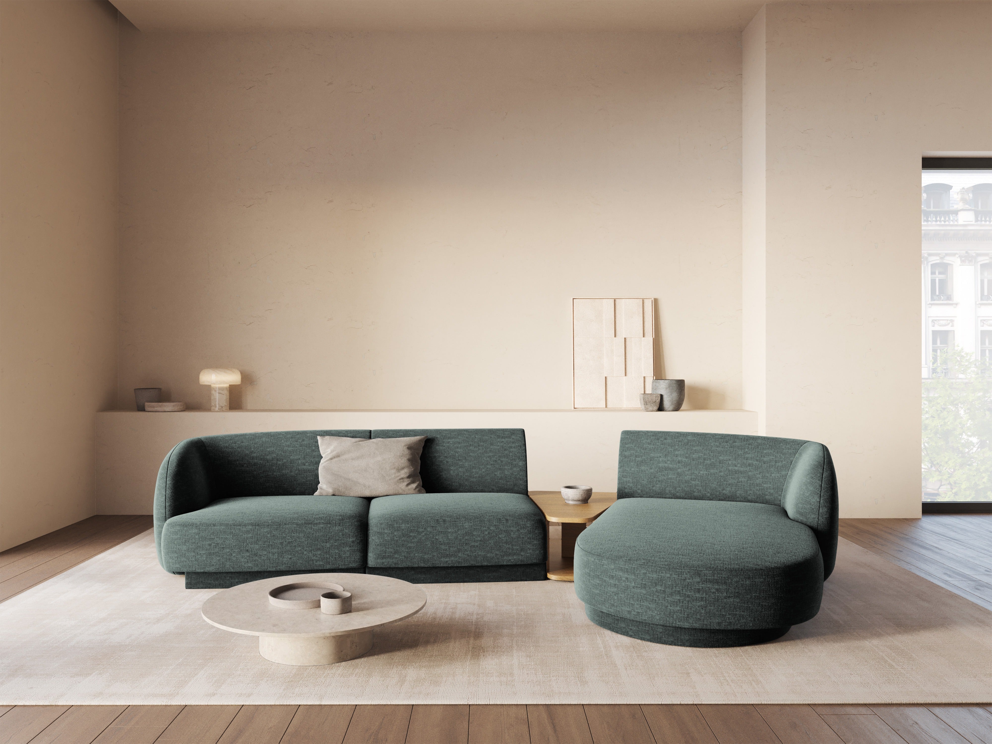 Modulares Ecksofa mit Tisch, 3-Sitzer, rechtsseitig, MILEY, petrol, schimmernder Chenille