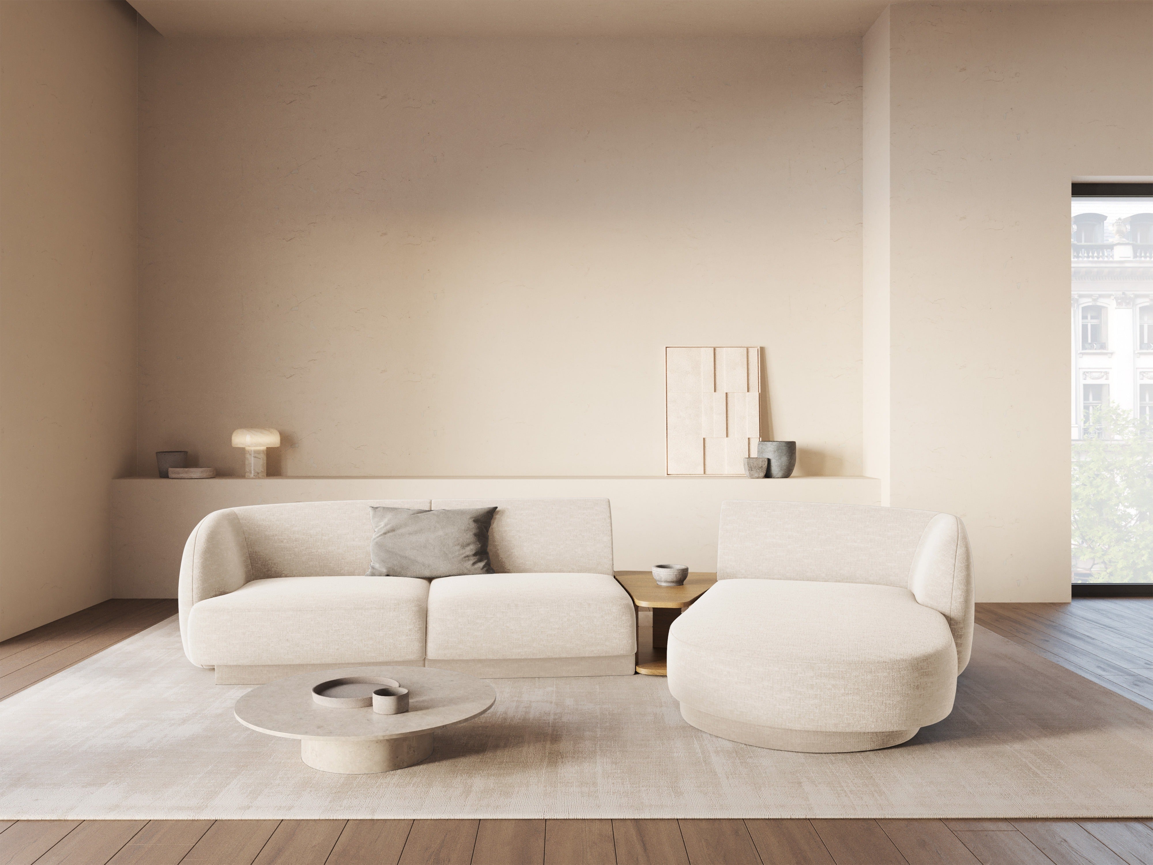 Modulares Ecksofa mit Tisch 3-Sitzer rechts MILEY Elfenbein Chenille