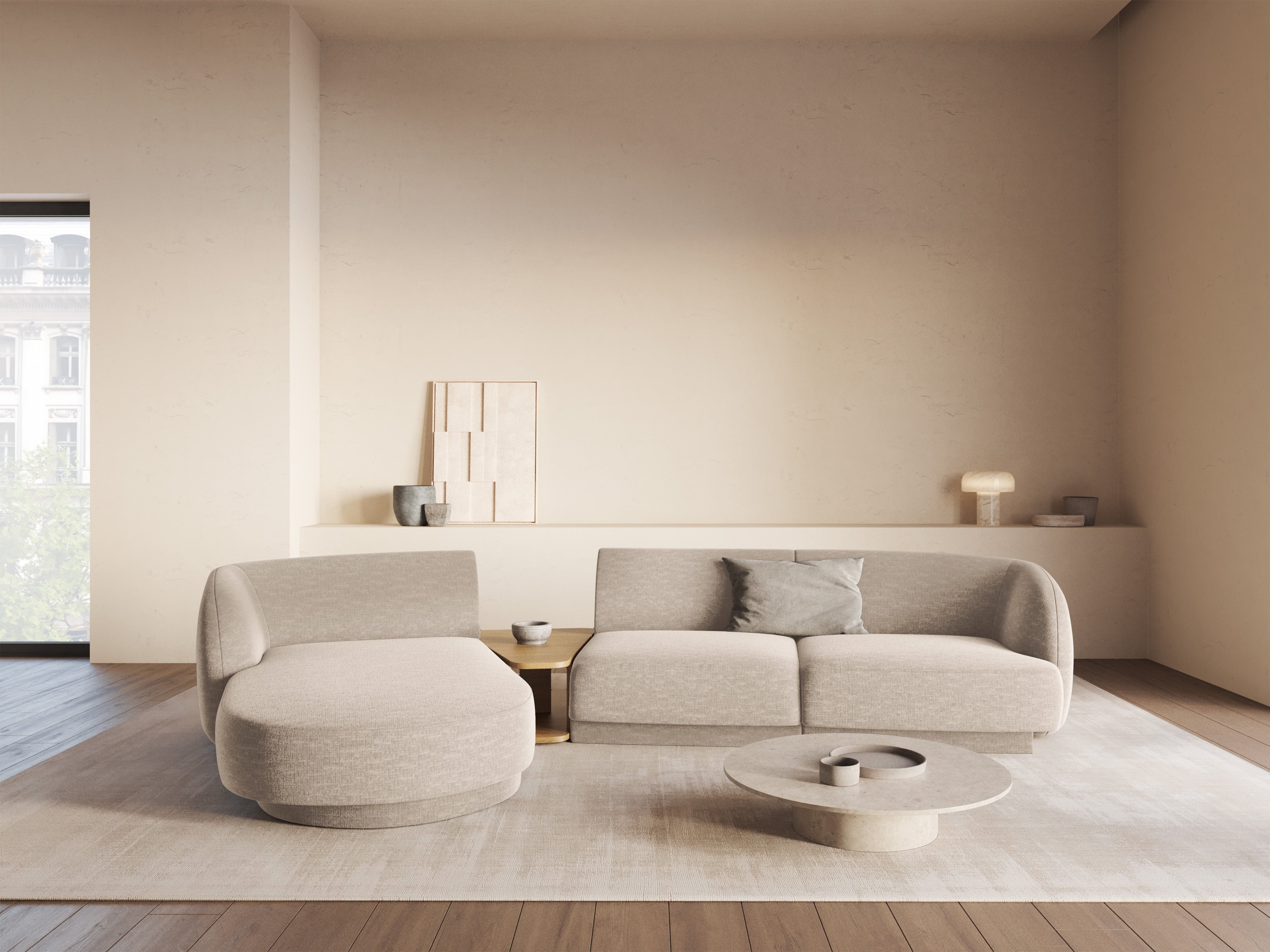 Modular corner sofa with table 3-seater left-sided MILEY beige chenille