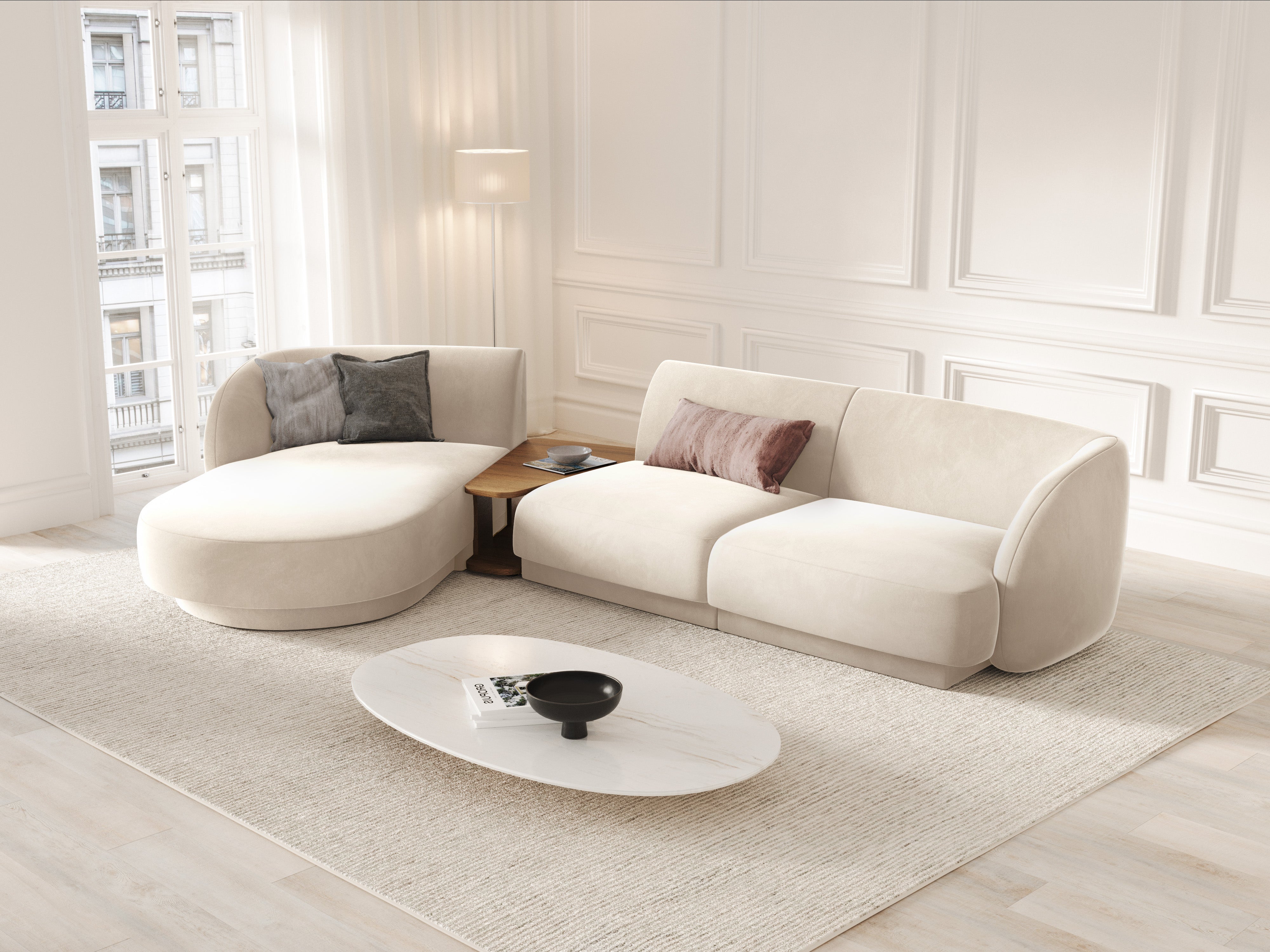 Modular corner sofa with table 3-seater left-sided MILEY light beige