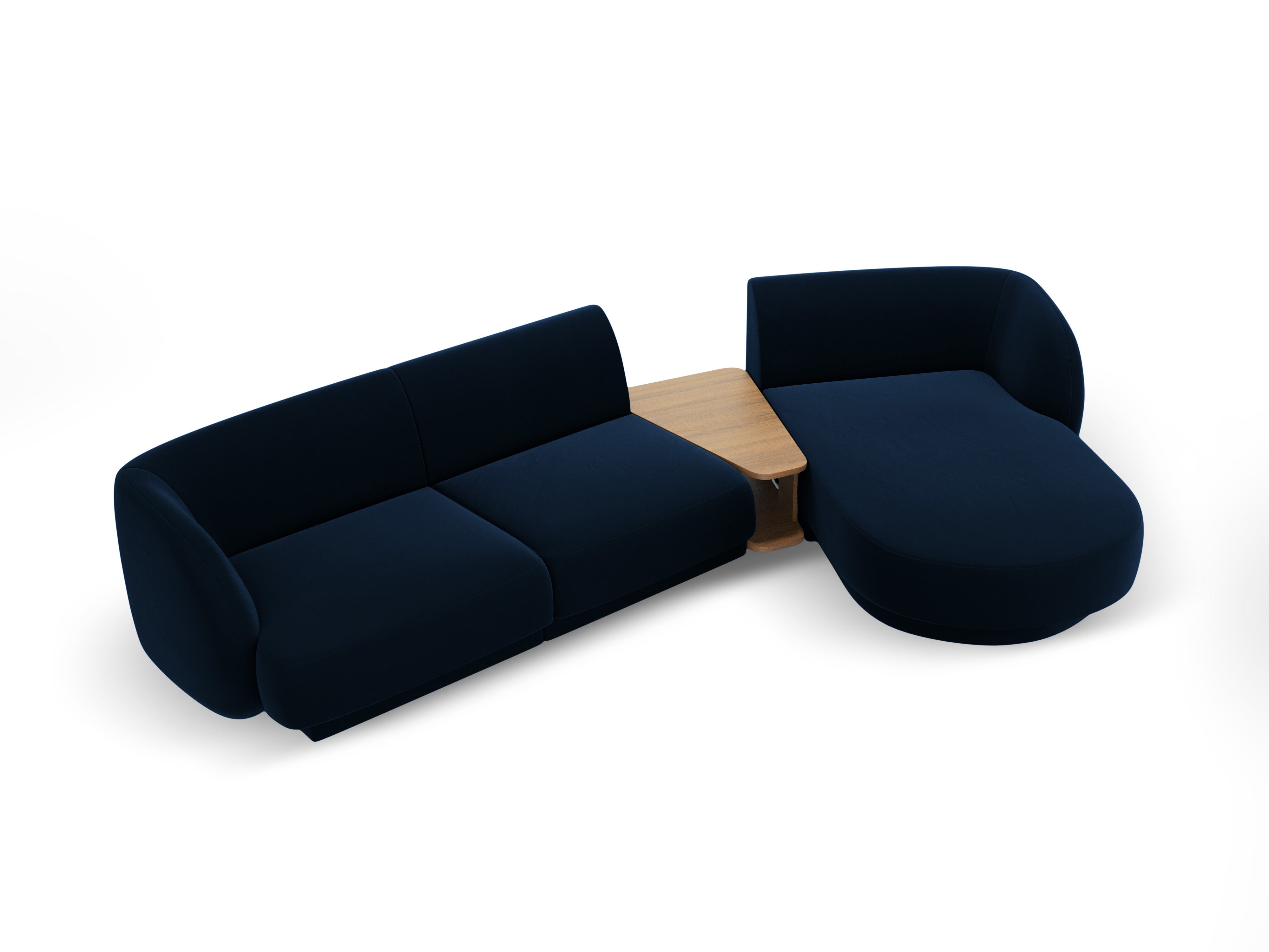 Modular corner sofa with table, 3-seater, right-facing, velvet MILEY in royal blue