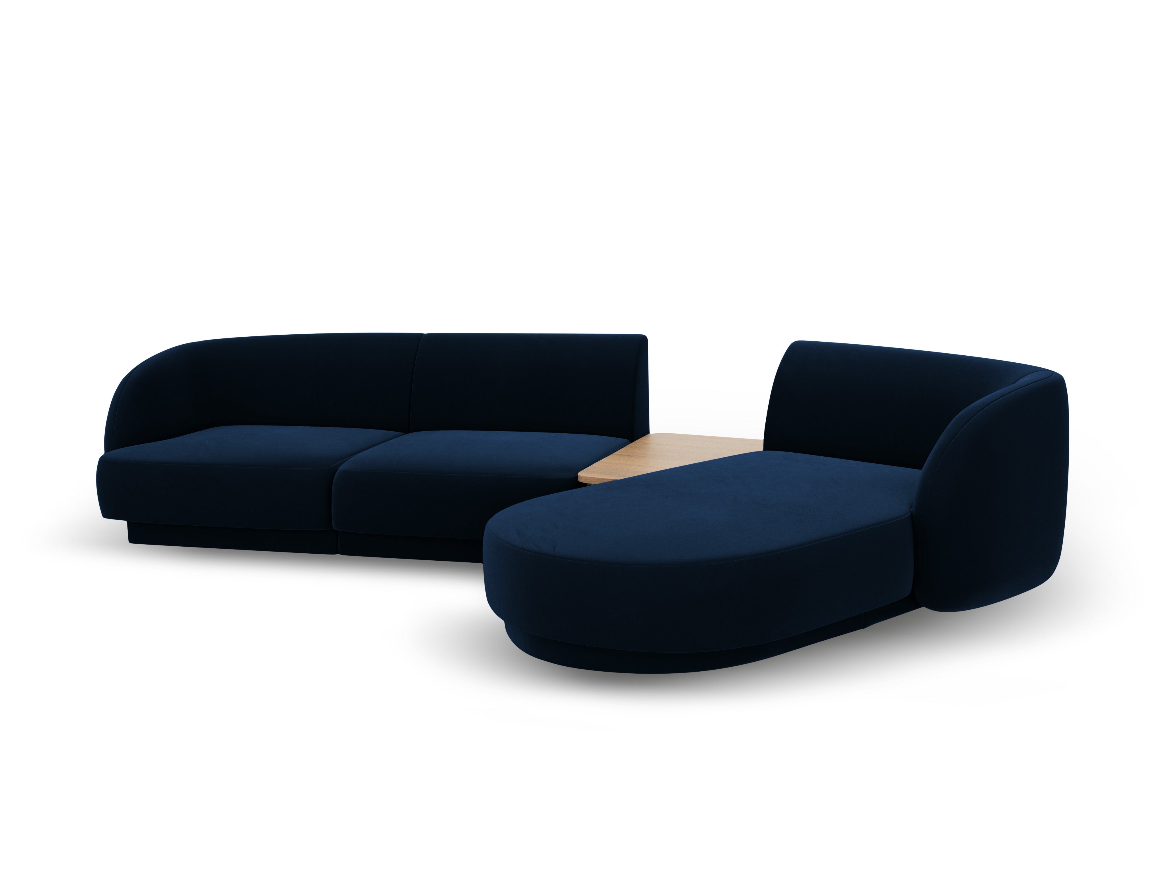 Modular corner sofa with table, 3-seater, right-facing, velvet MILEY in royal blue