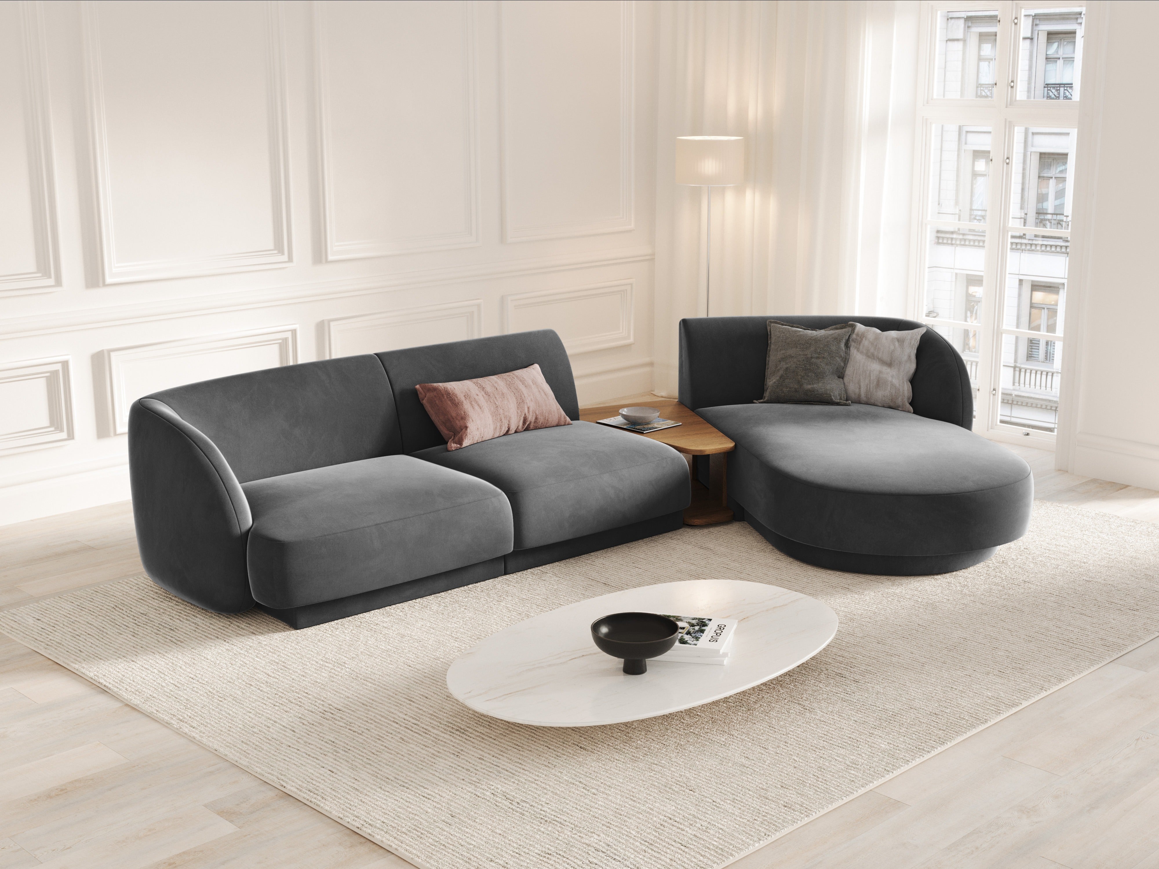 Modular corner sofa with table 3-seater right-facing velvet MILEY gray