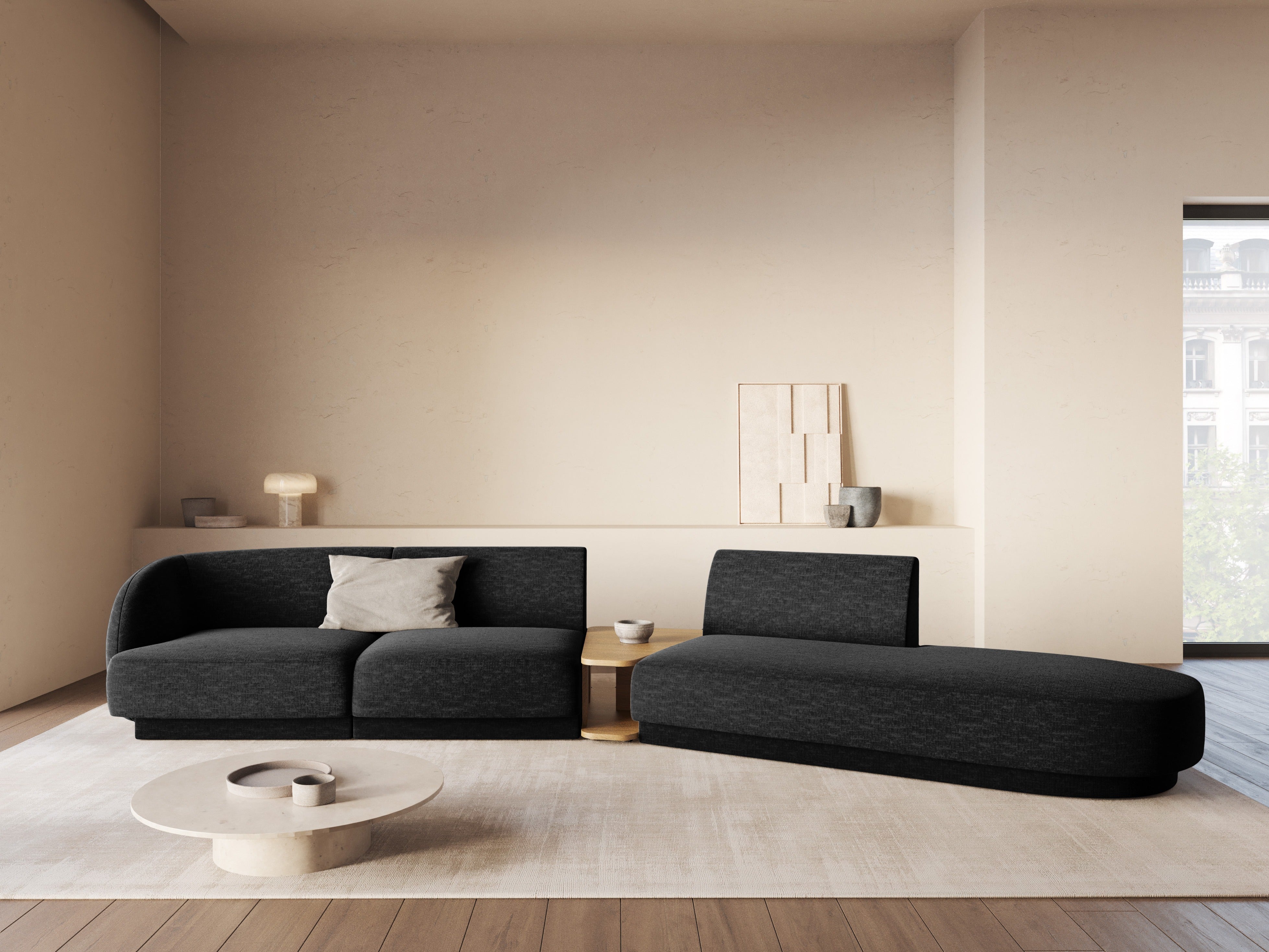Left-facing modular sofa with table for 4 people MILEY dark blue boucle
