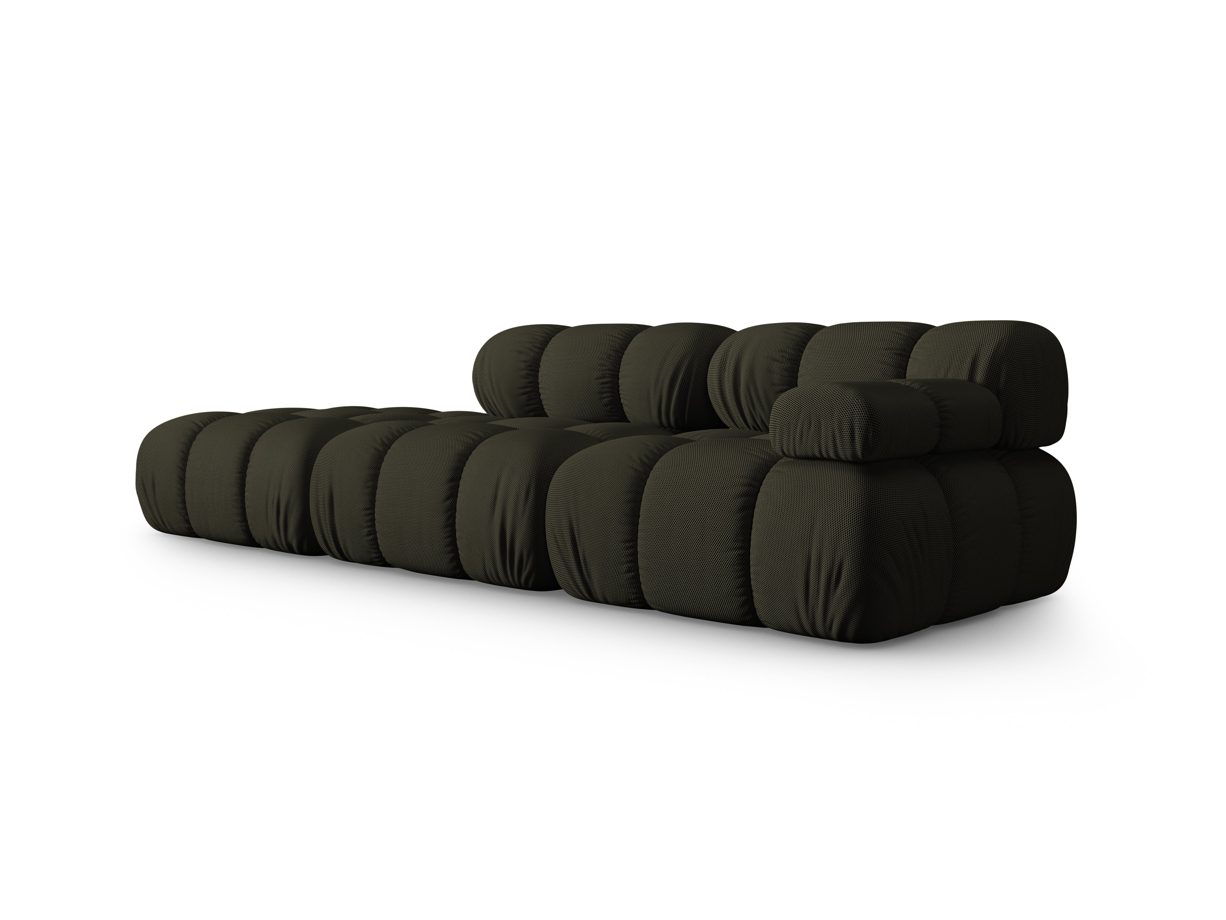 Modulares offenes Sofa BELLIS in dunkelgrünem 3D-Stoff, linksseitig.