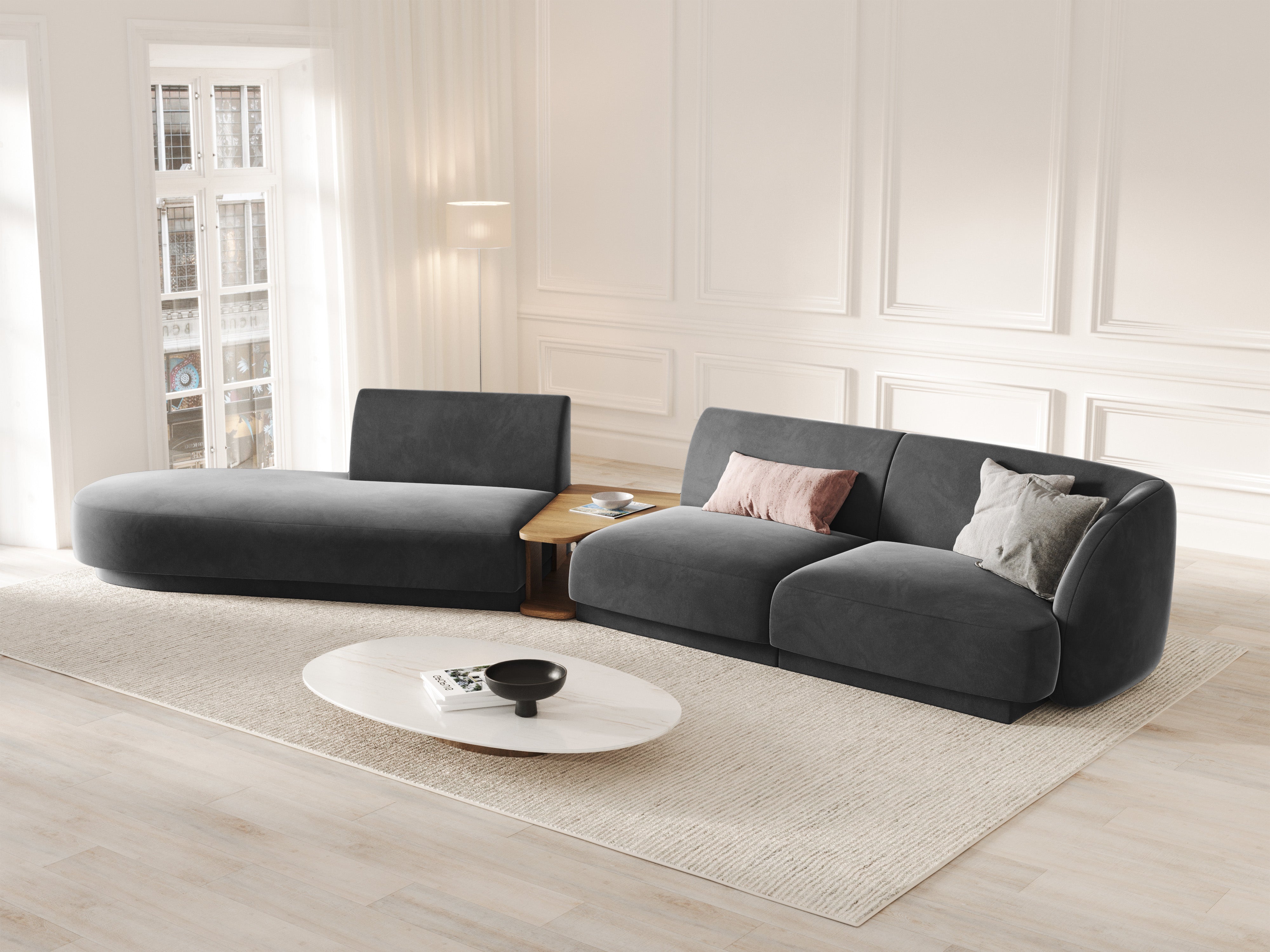 Modulares Sofa links mit Tisch, 4-sitzig, samtig, MILEY, grau