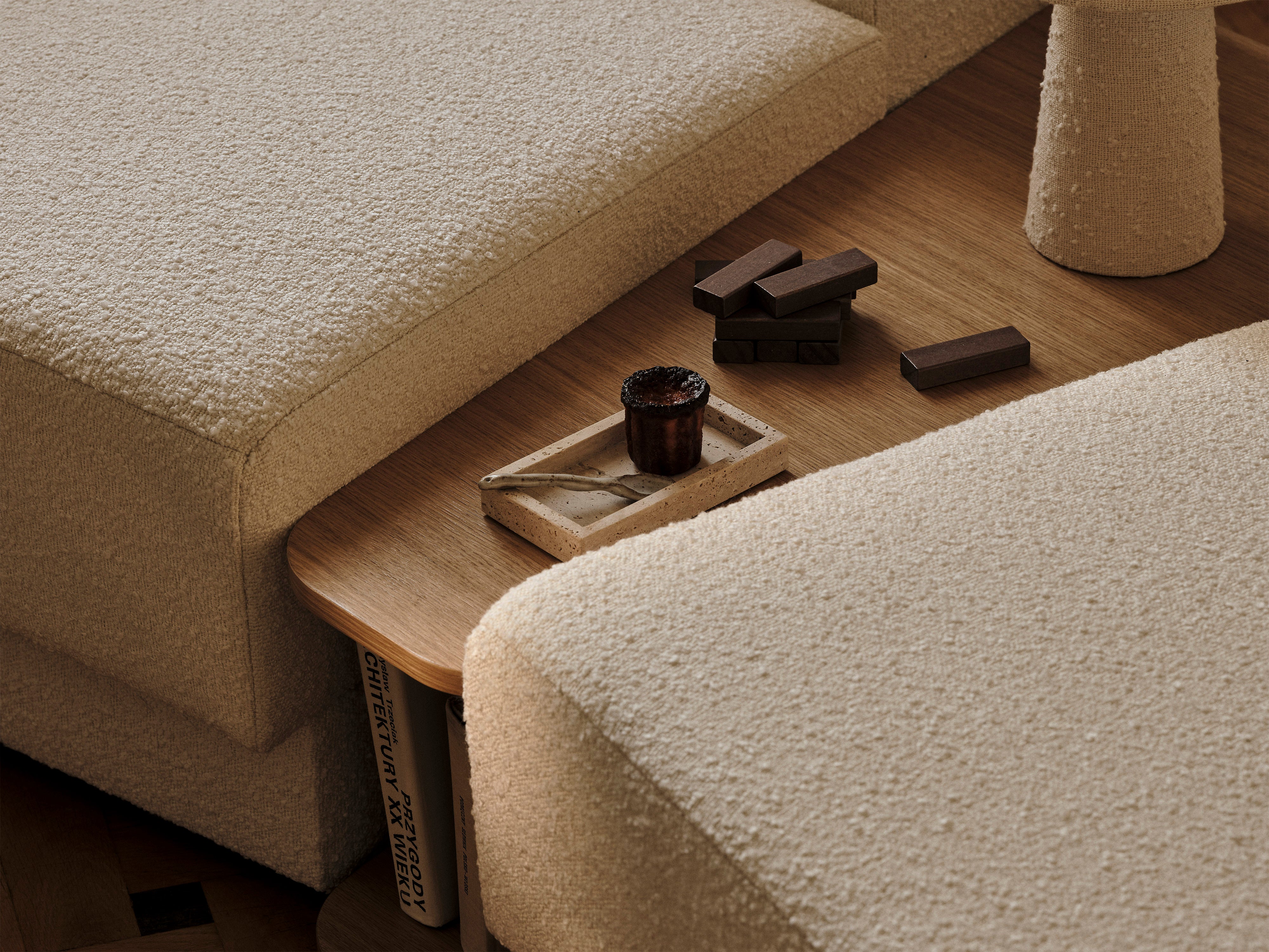 Left-sided modular sofa with table for 4 people, velvet MILEY light beige