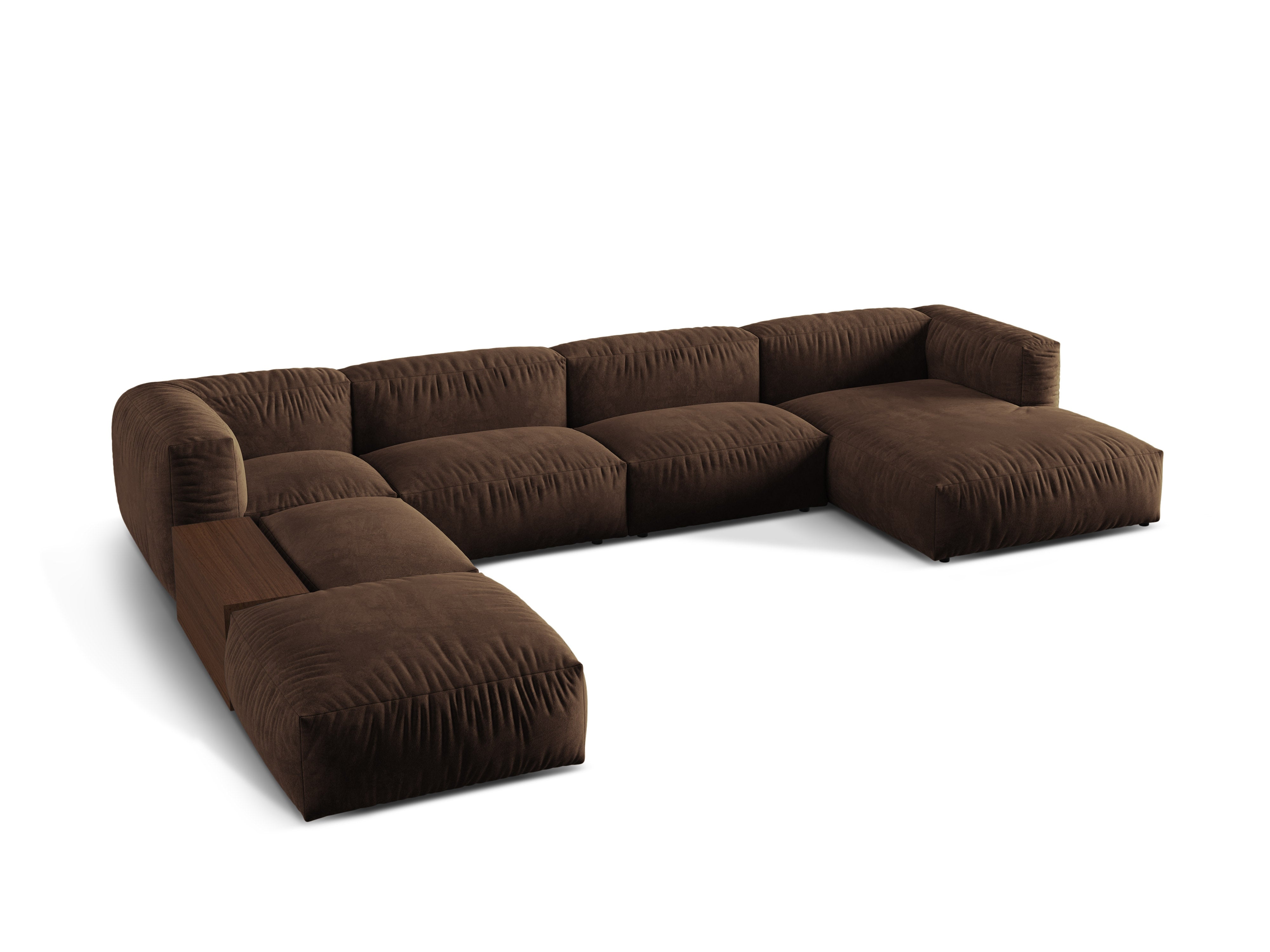 Panoramischer, linksseitiger Samt-Ecksofa MARTINA in Schokoladenfarbe