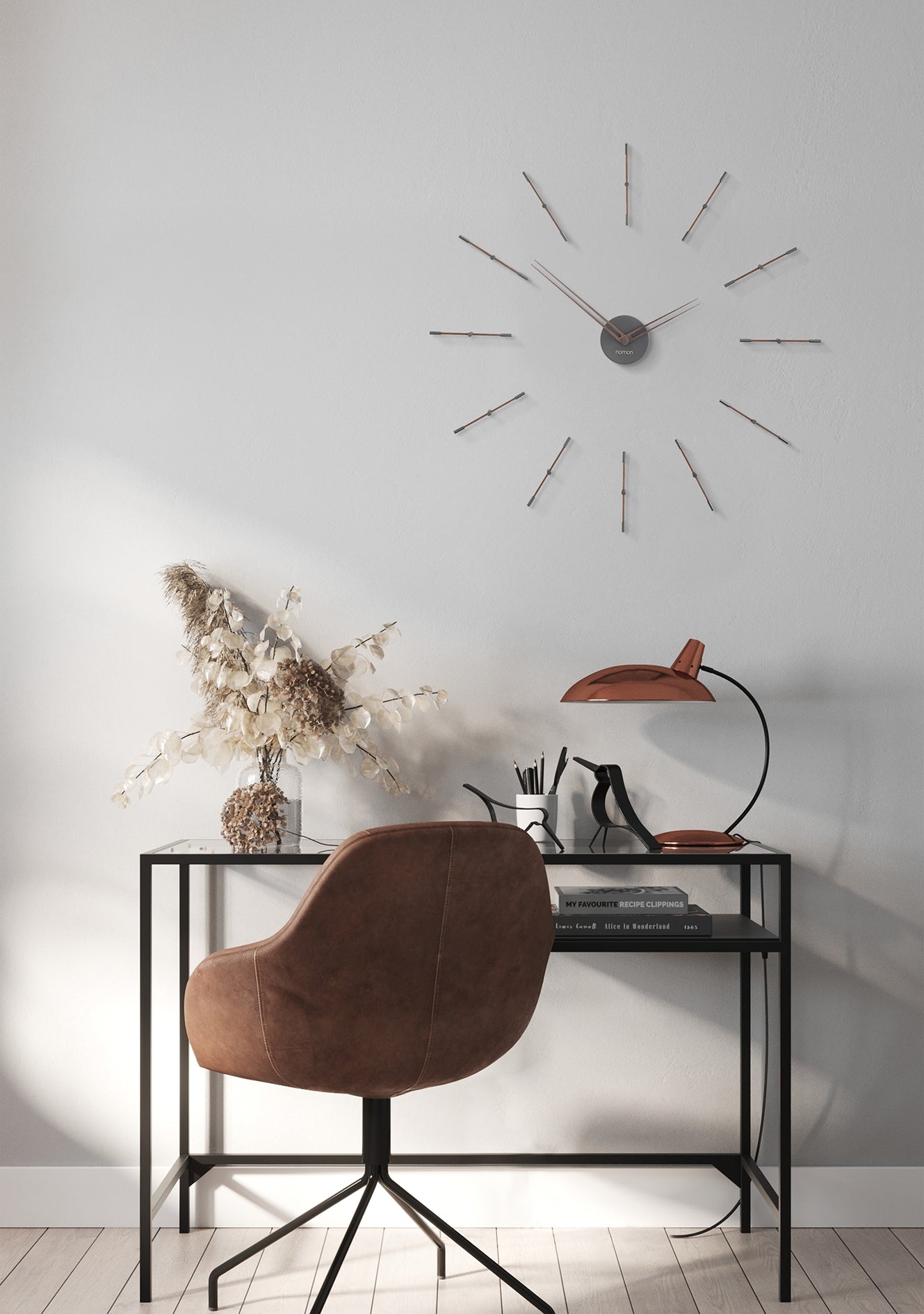 Wanduhr MERLIN MINI aus Nussbaumholz mit messingfarbener Veredelung