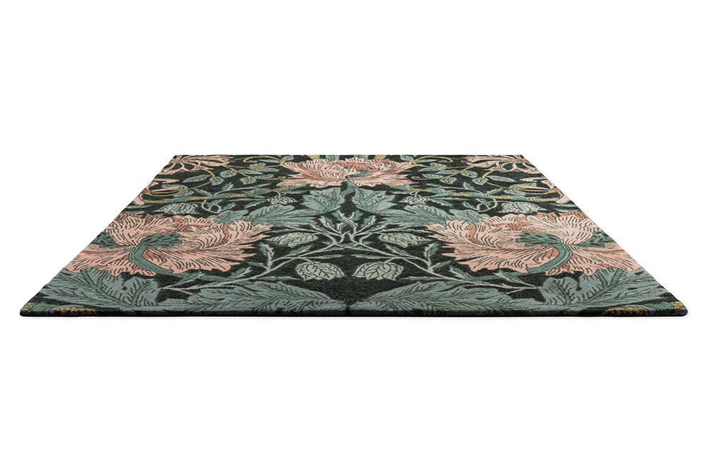 Wool rug HONEYSUCKLE & TULIP TEAL dark green with pink